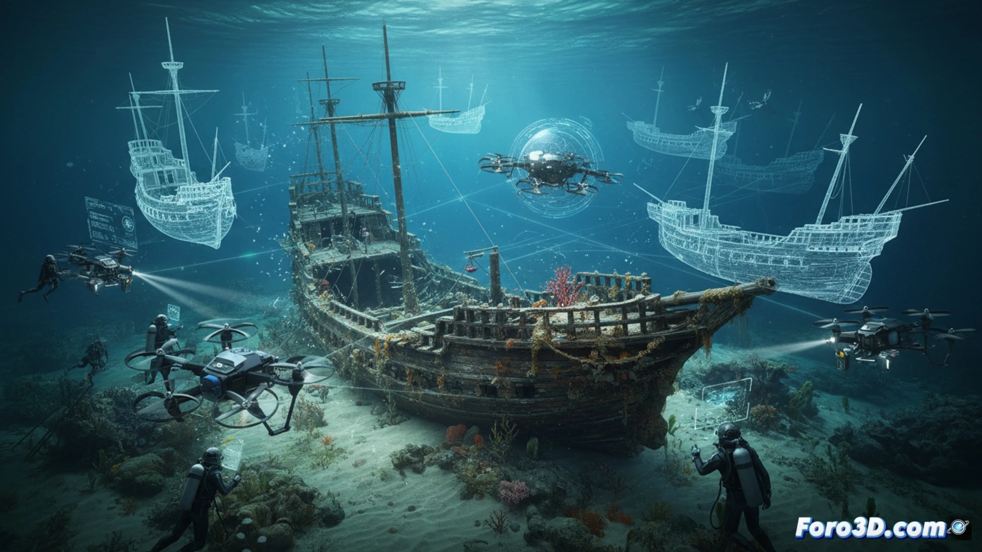 Reconstrucción 3D del pecio San Giorgio, mostrando su estructura y detalles de la madera conservada bajo el fango.