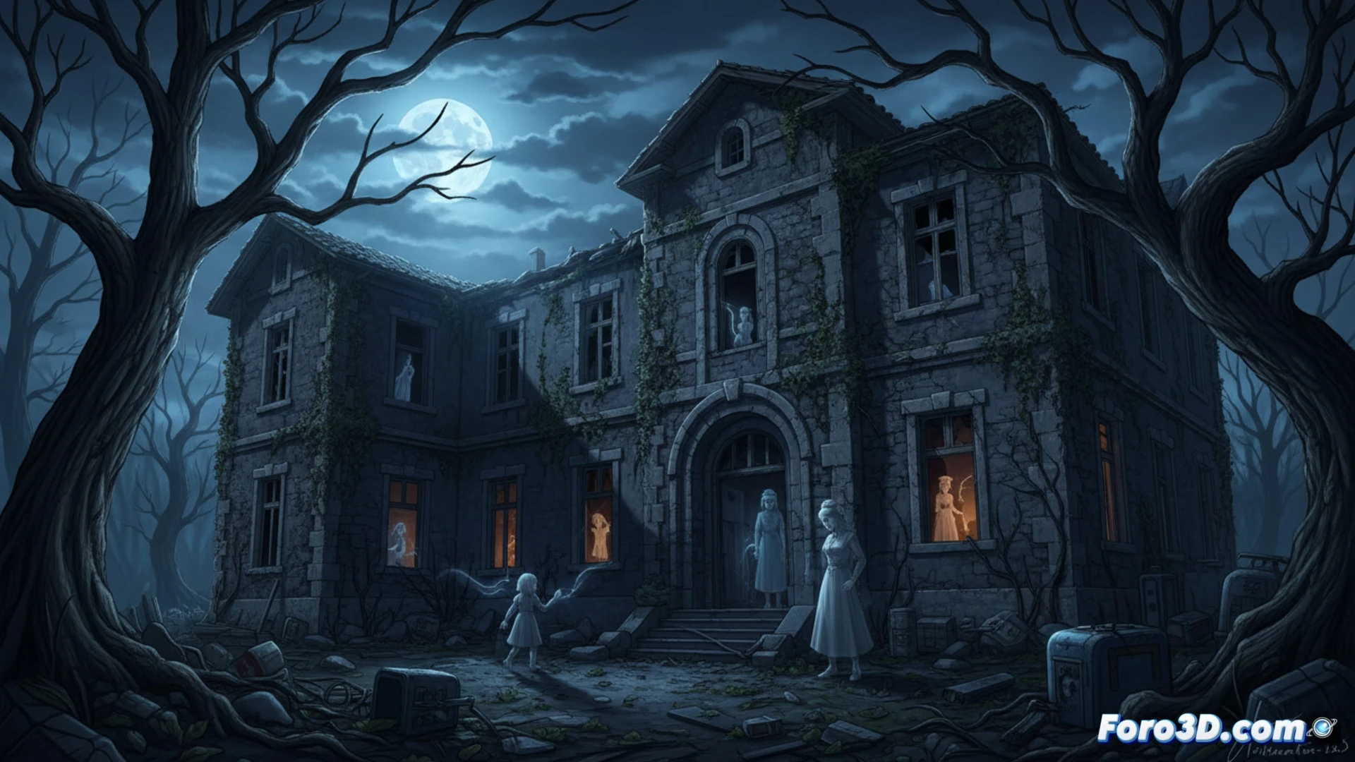 Una fachada derruida de un sanatorio al anochecer, con sombras de enfermeras en las ventanas y un ambiente inquietante.