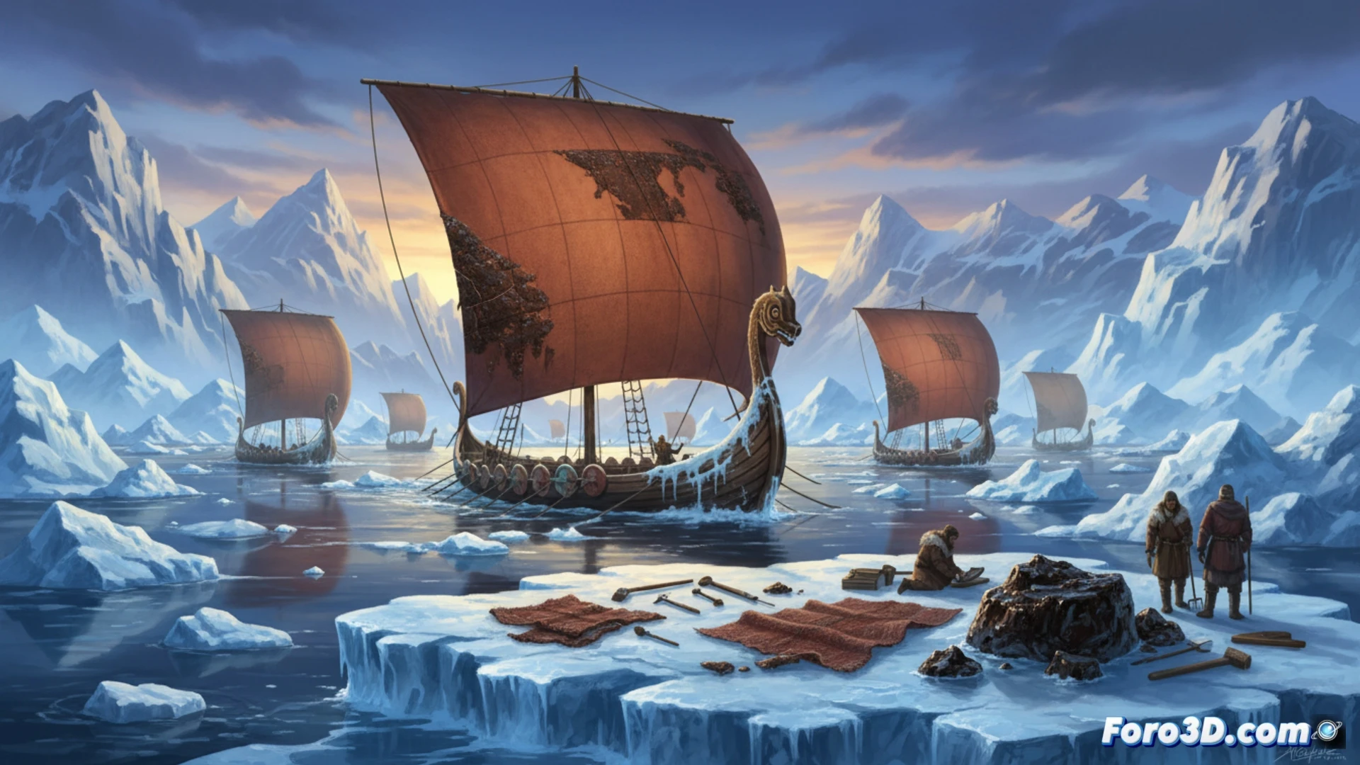 Un barco vikingo en reparación, con textiles empapados en brea oscura para sellar las grietas del casco, en un paisaje frío de permafrost.