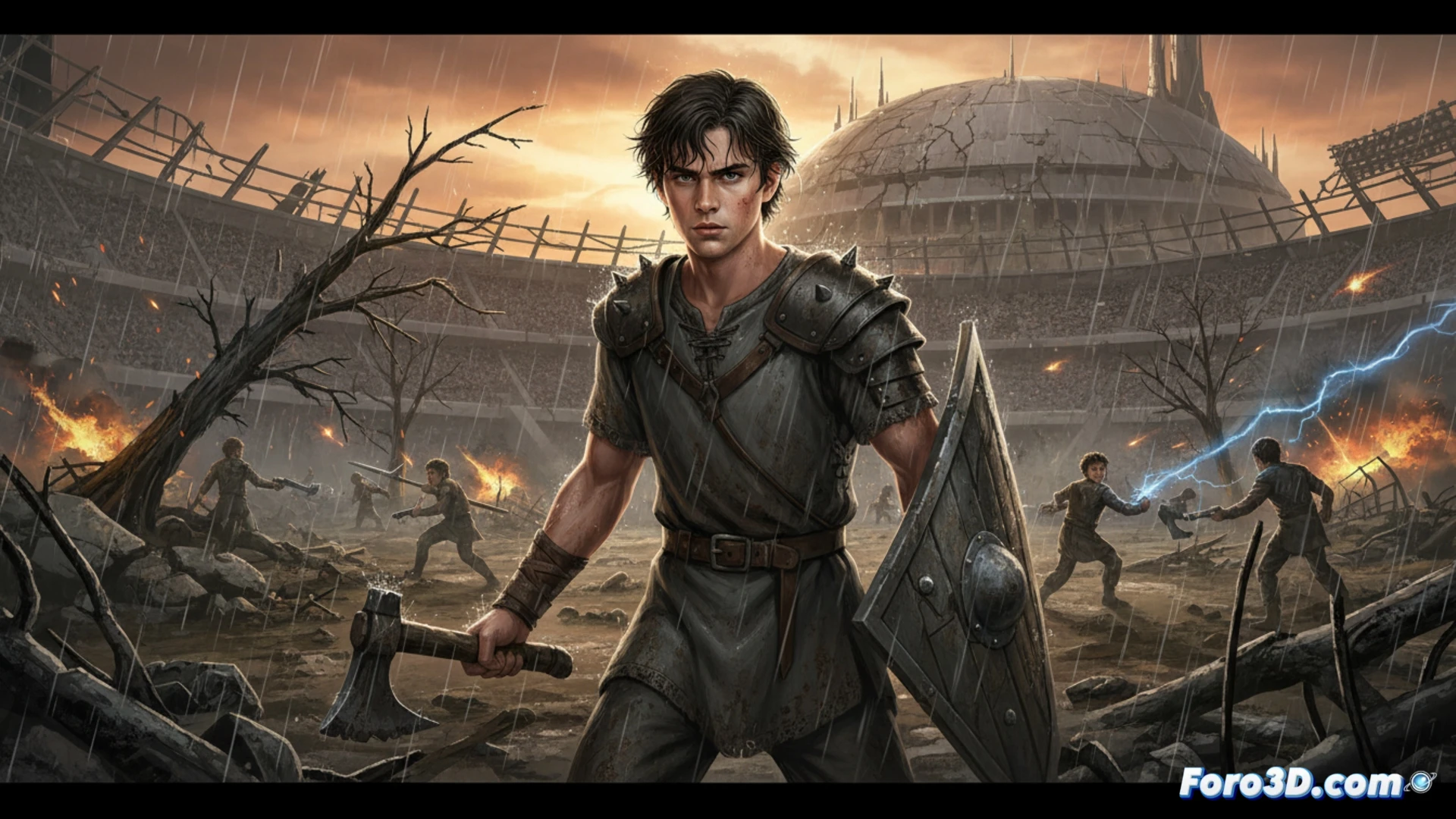 Una arena devastada, con un joven Haymitch Abernathy observando a los tributos caídos, su mirada endureciéndose para siempre.