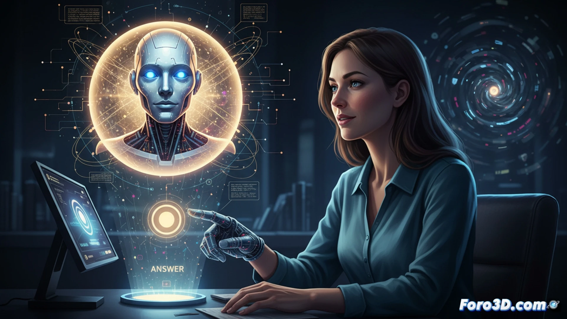 Un asistente de IA proyecta una respuesta brillante y autoritaria, mientras un usuario la acepta sin cuestionar, simbolizando la confianza ciega en la máquina.