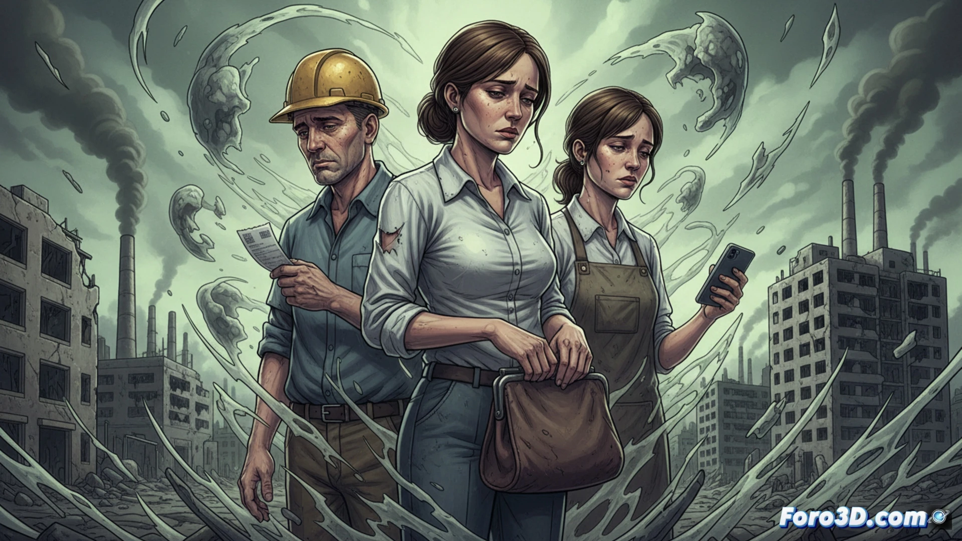 Una persona agotada frente a facturas y una calculadora, con un sueldo mínimo al fondo.