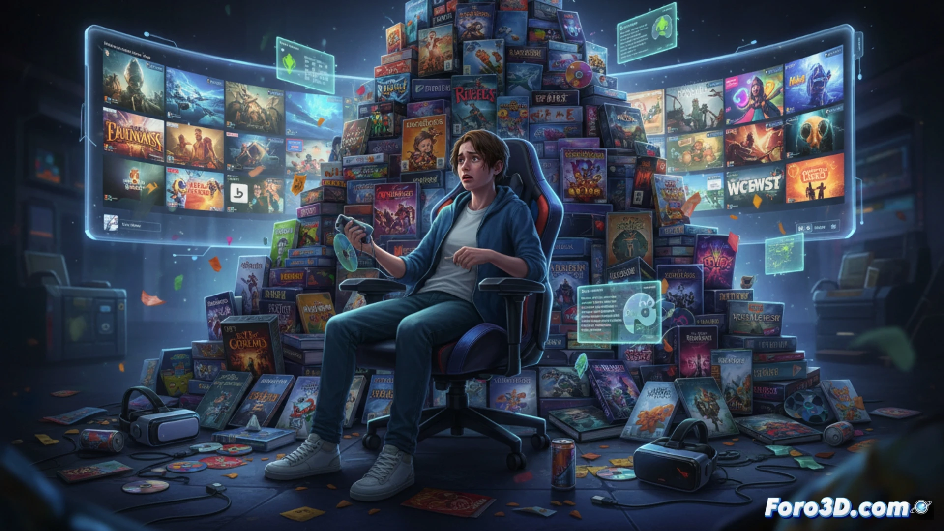 Una pantalla con una biblioteca de juegos enorme, donde un título está a medias y otro nuevo brilla con un cursor sobre él.