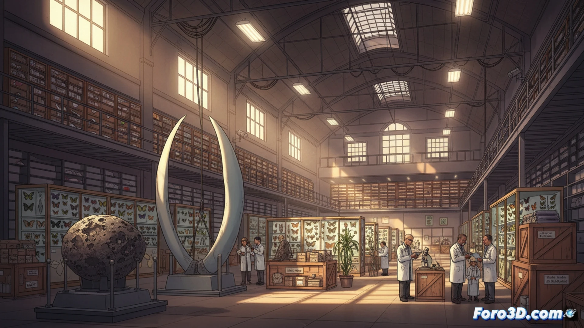 Fachada moderna del Museo de Apoyo del Smithsonian, con técnicos digitalizando un gran fósil en 3D en su interior.