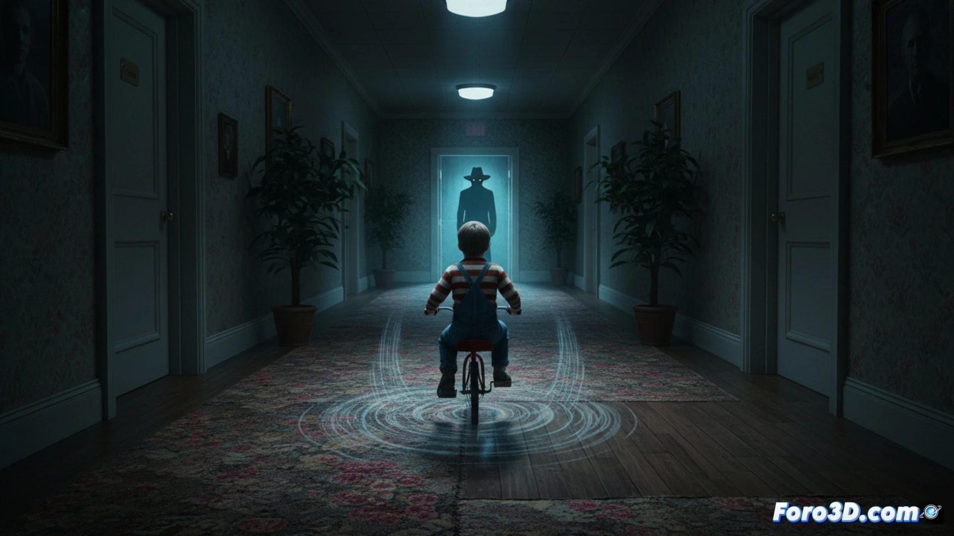 Un triciclo infantil avanza por un pasillo, pasando de una alfombra a suelo de madera, con el sonido cambiando sutilmente.