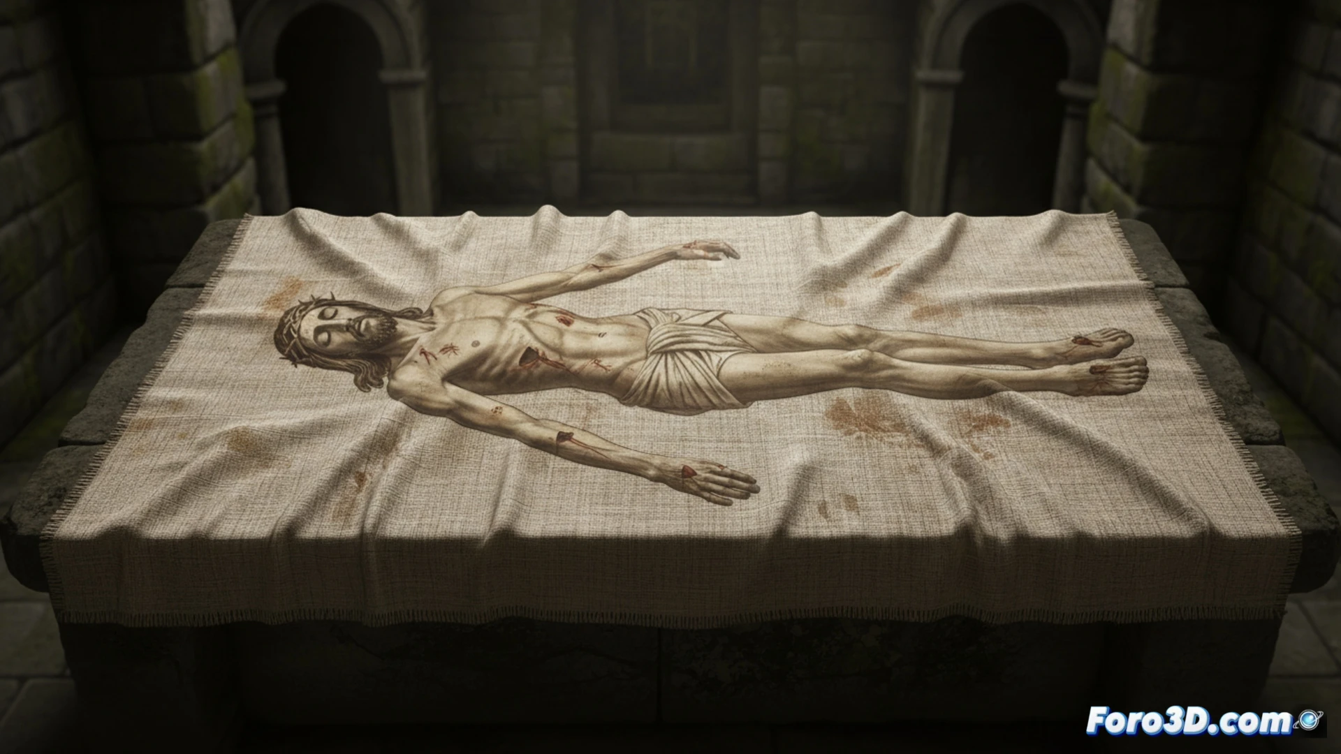 Reconstrucción 3D facial forense basada en los datos volumétricos del Sudario de Turín, mostrando un rostro tridimensional.