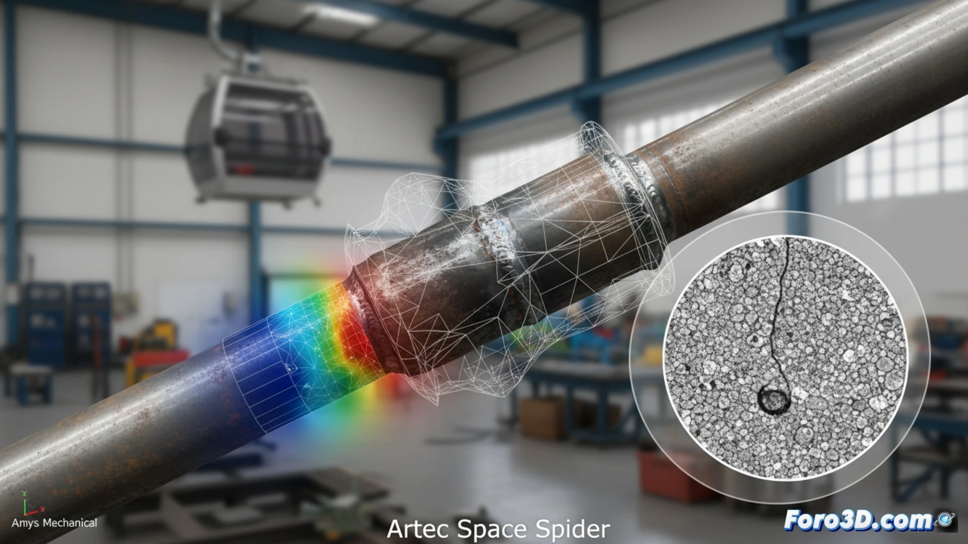 Simulación 3D de fatiga en un eje de teleférico roto por reparación defectuosa, análisis forense con escáner y FEA