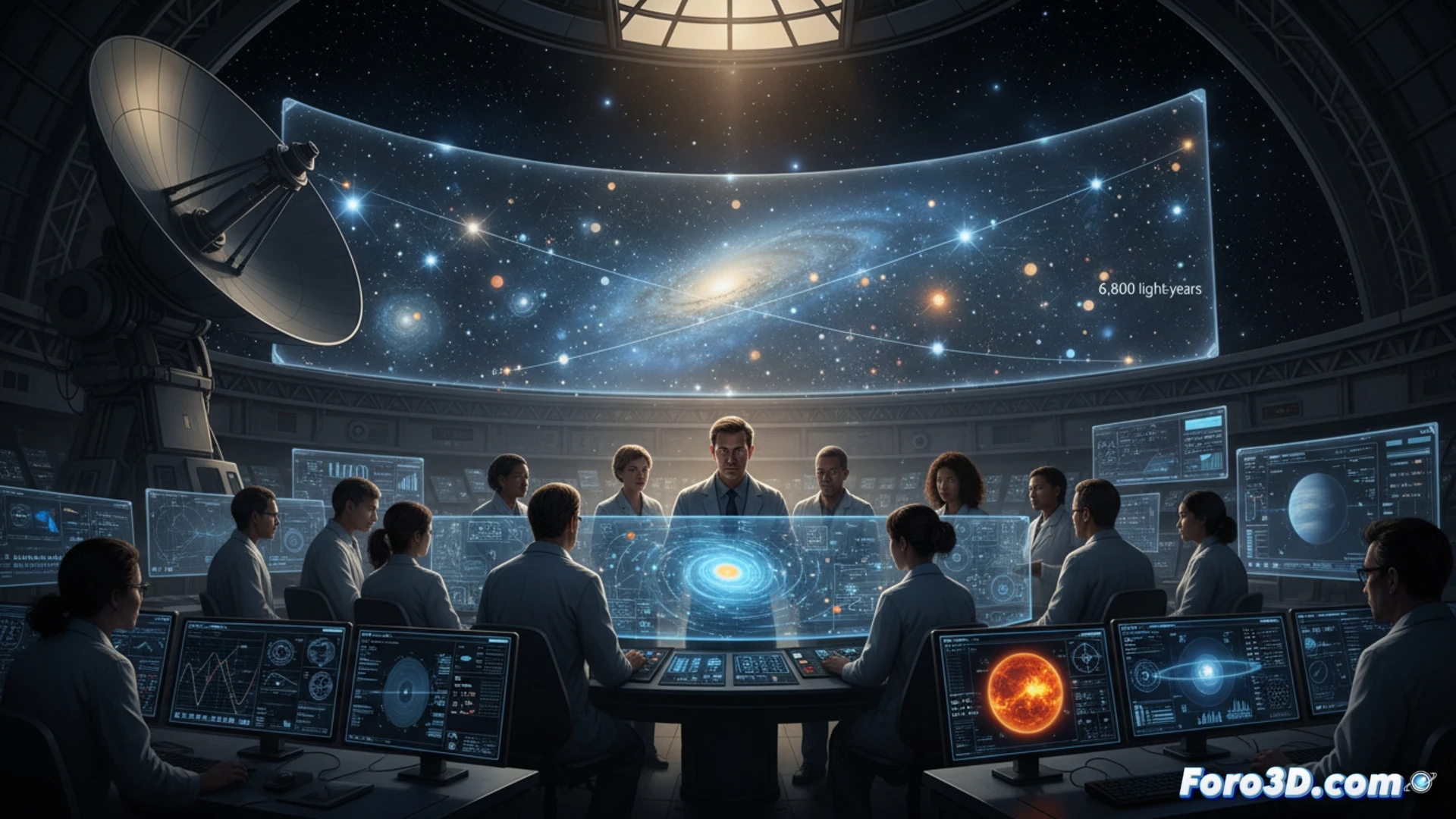 Un mapa estelar nocturno con un resplandor central brillante; líneas punteadas conectan estrellas débiles a pequeños puntos rojos.