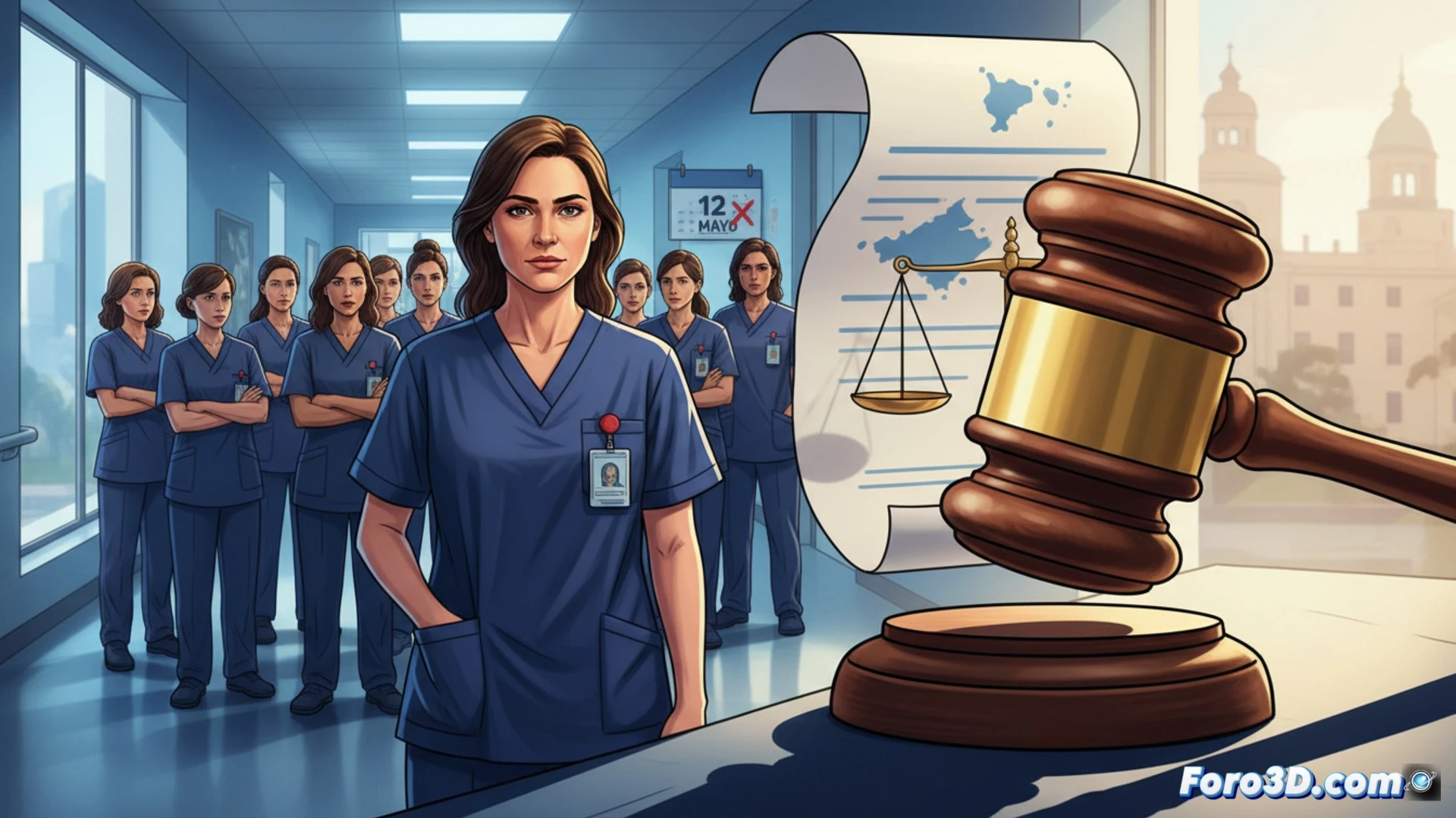 Una enfermera con uniforme blanco y carpeta mira un tribunal, al fondo un cartel de centro de salud en Manacor, con gesto serio.