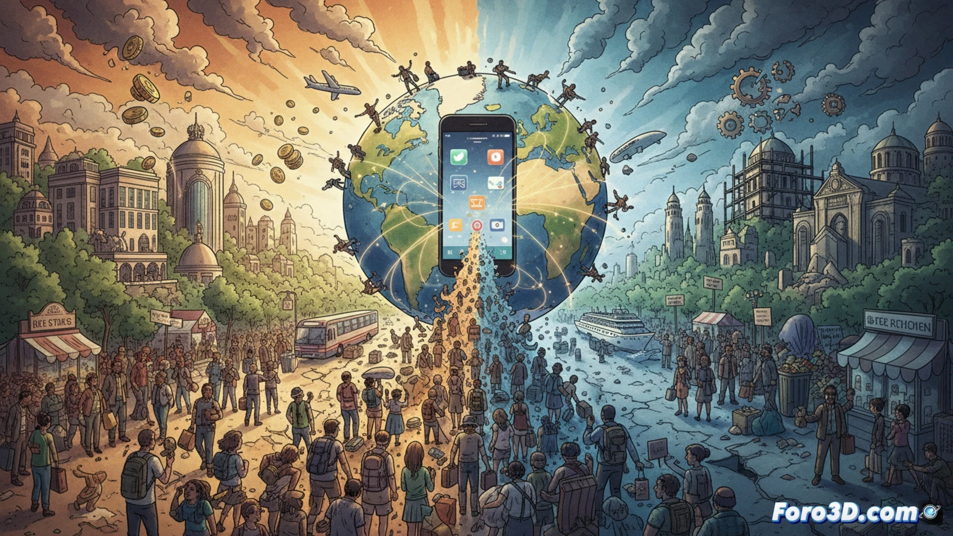 En una plaza abarrotada, turistas con smartphones miran pantallas mientras sombras digitales de algoritmos flotan sobre rascacielos; un puñado de monedas cae en un cofre, pero calles y recursos se agrietan sin control.