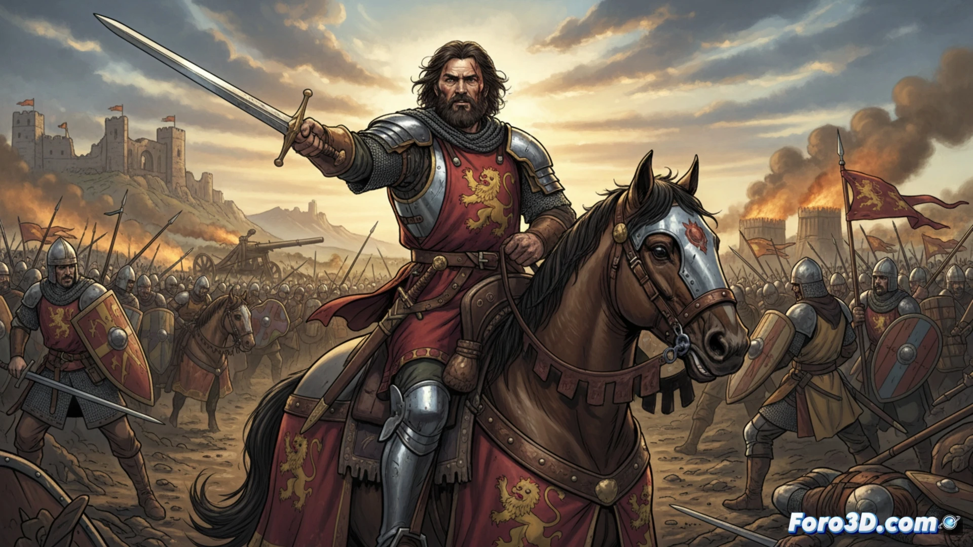 Un jinete medieval con armadura rota mira desde un risco, al fondo una batalla entre castillos y humo.