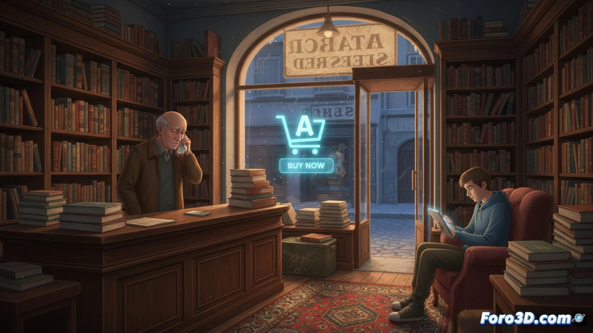 Una librería de barrio casi vacía, con estantes polvorientos y una luz tenue que agoniza.