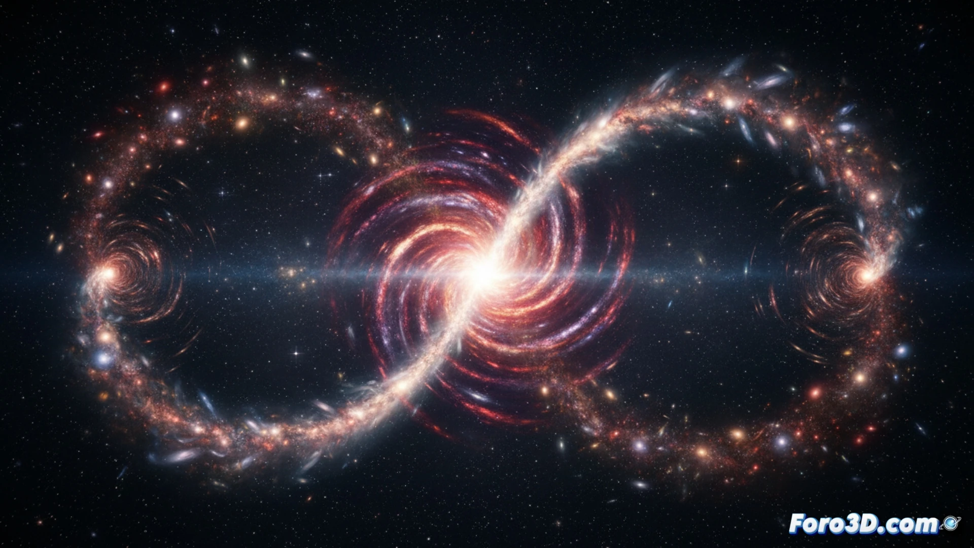 Un cosmos en expansión y contracción eternas, con galaxias fluyendo en un ciclo infinito.