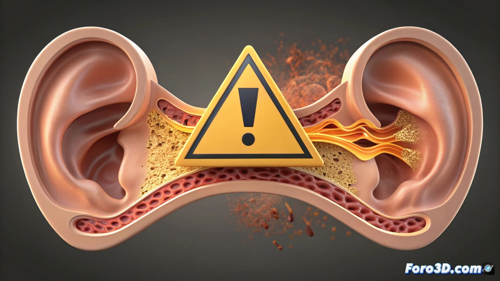 Representación 3D de un oído interno, mostrando células ciliadas dañadas y ondas de sonido de alta intensidad impactando sobre ellas.