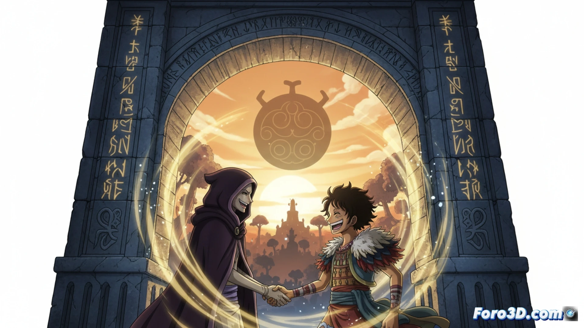 Dos figuras, Imu y Joy Boy, ríen juntos en un claro iluminado por un atardecer rojizo, con un antiguo árbol de Elbaf de fondo. Sus posturas relajadas contrastan con futuras batallas, sugiriendo una amistad perdida.