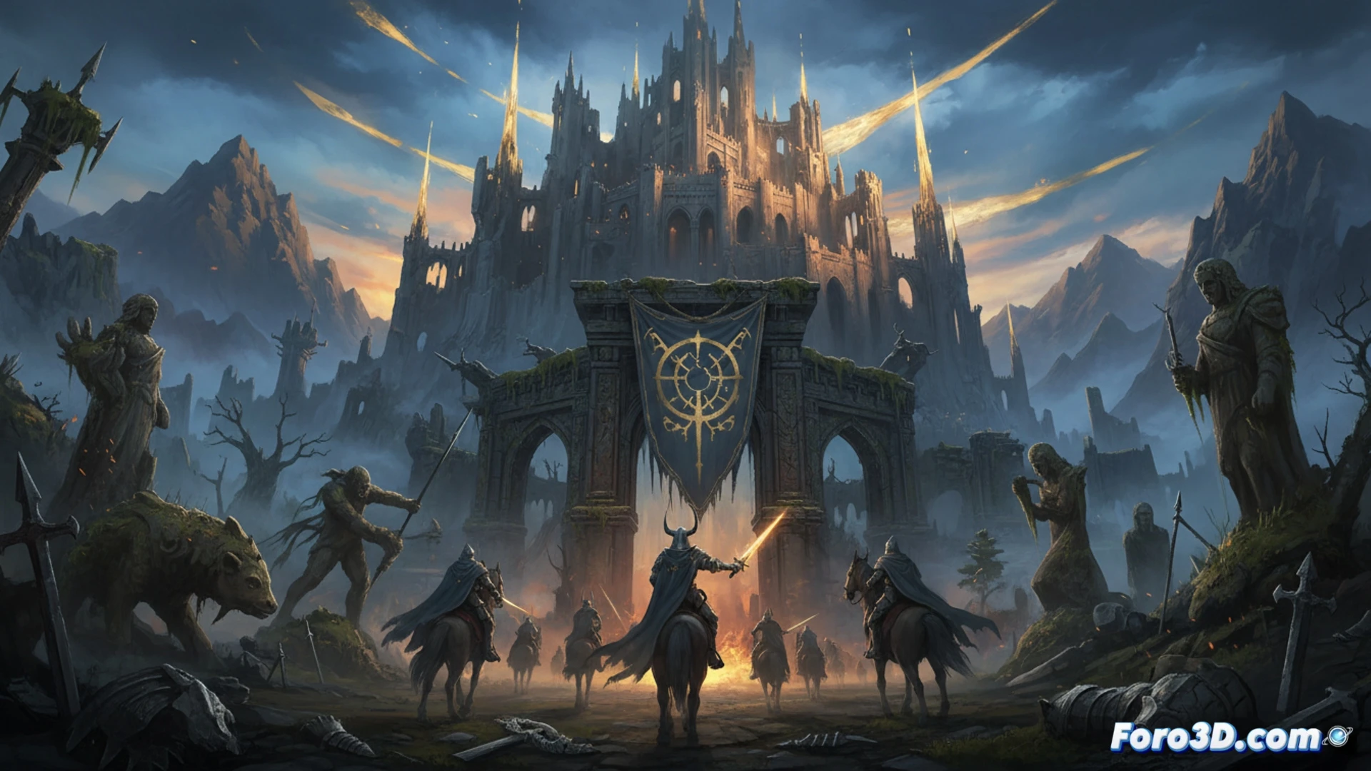 Una figura encapuchada observa un vasto paisaje de ruinas doradas bajo un cielo tormentoso.