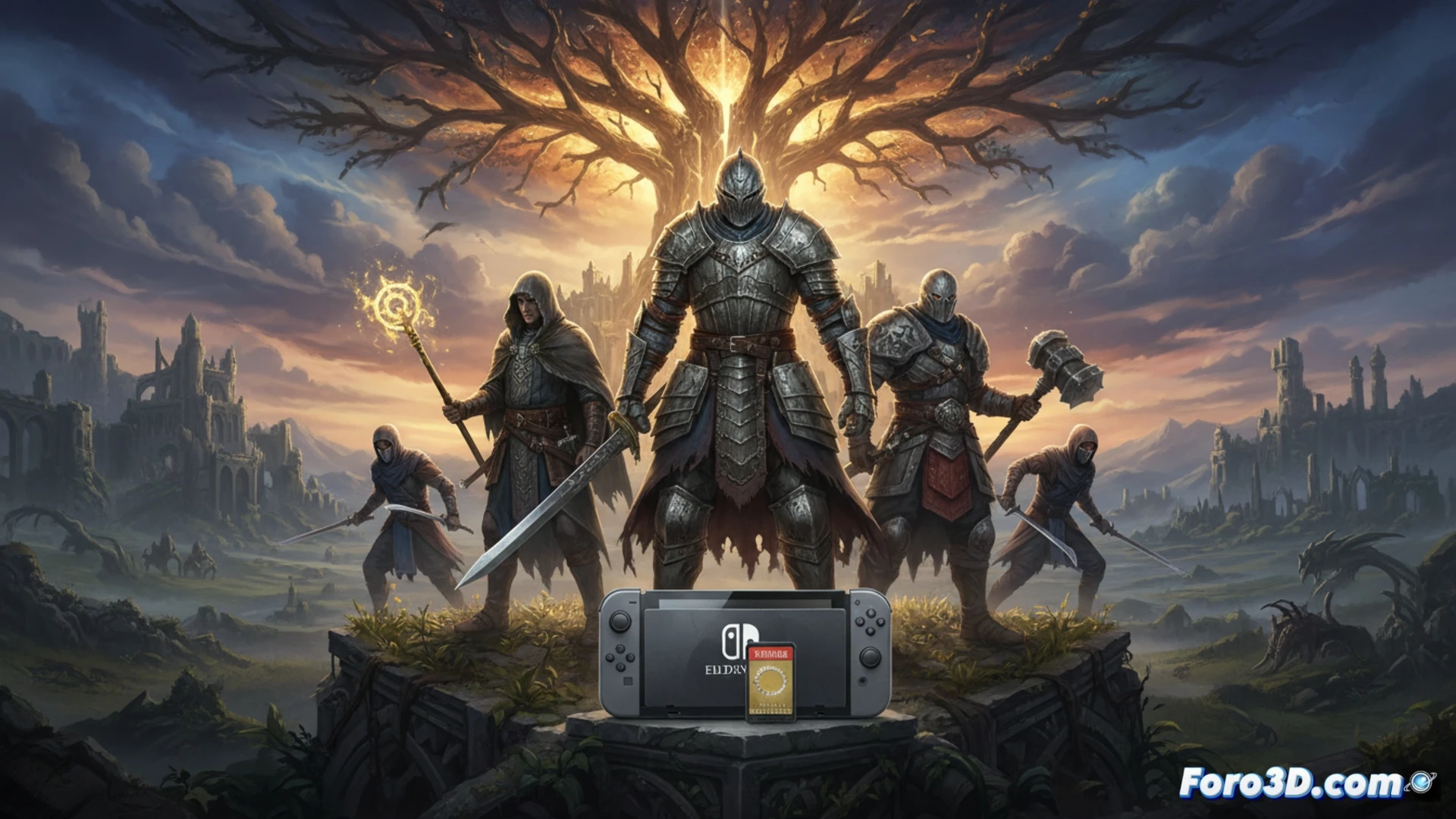 Un guerrero Tarnished con armadura dorada y espada en llamas, ante un altar resplandeciente con el logo de Elden Ring y una tarjeta de juego para Switch 2.