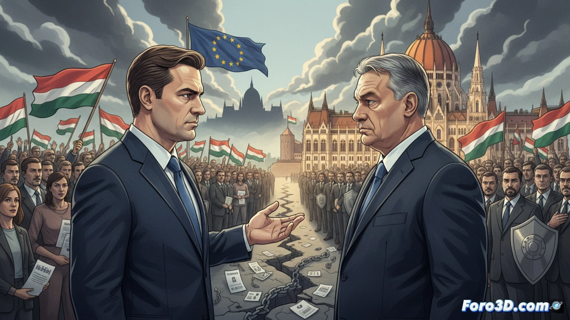 Una multitud frente al parlamento húngaro, con carteles de Orbán y Magyar enfrentados bajo un cielo nublado.