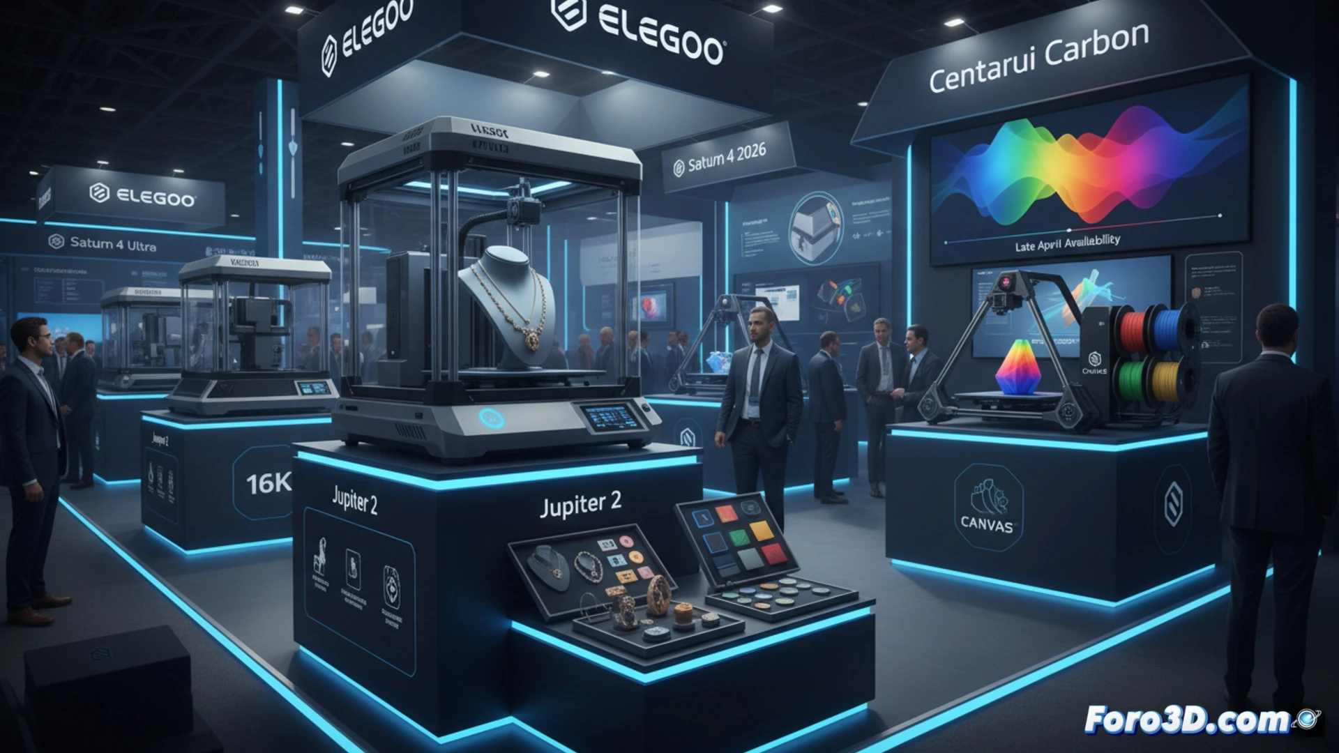 Imagen de la feria RAPID+TCT 2026 en Boston: ELEGOO presenta la Jupiter 2, impresora 16K de gran formato, y el sistema CANVAS multicolor para Centauri Carbon.