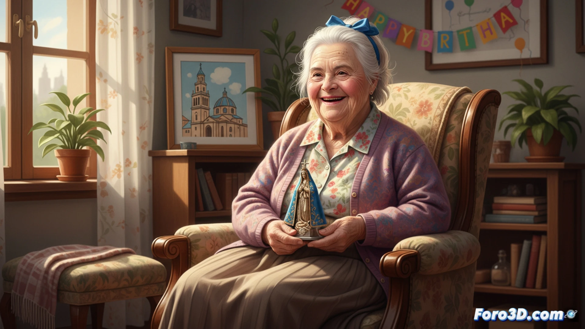 Descripción detallada (80-120 caracteres): Mujer mayor sonriente con síndrome de Down, sostiene vela de cumpleaños. Fondo residencia alegre y cálida.