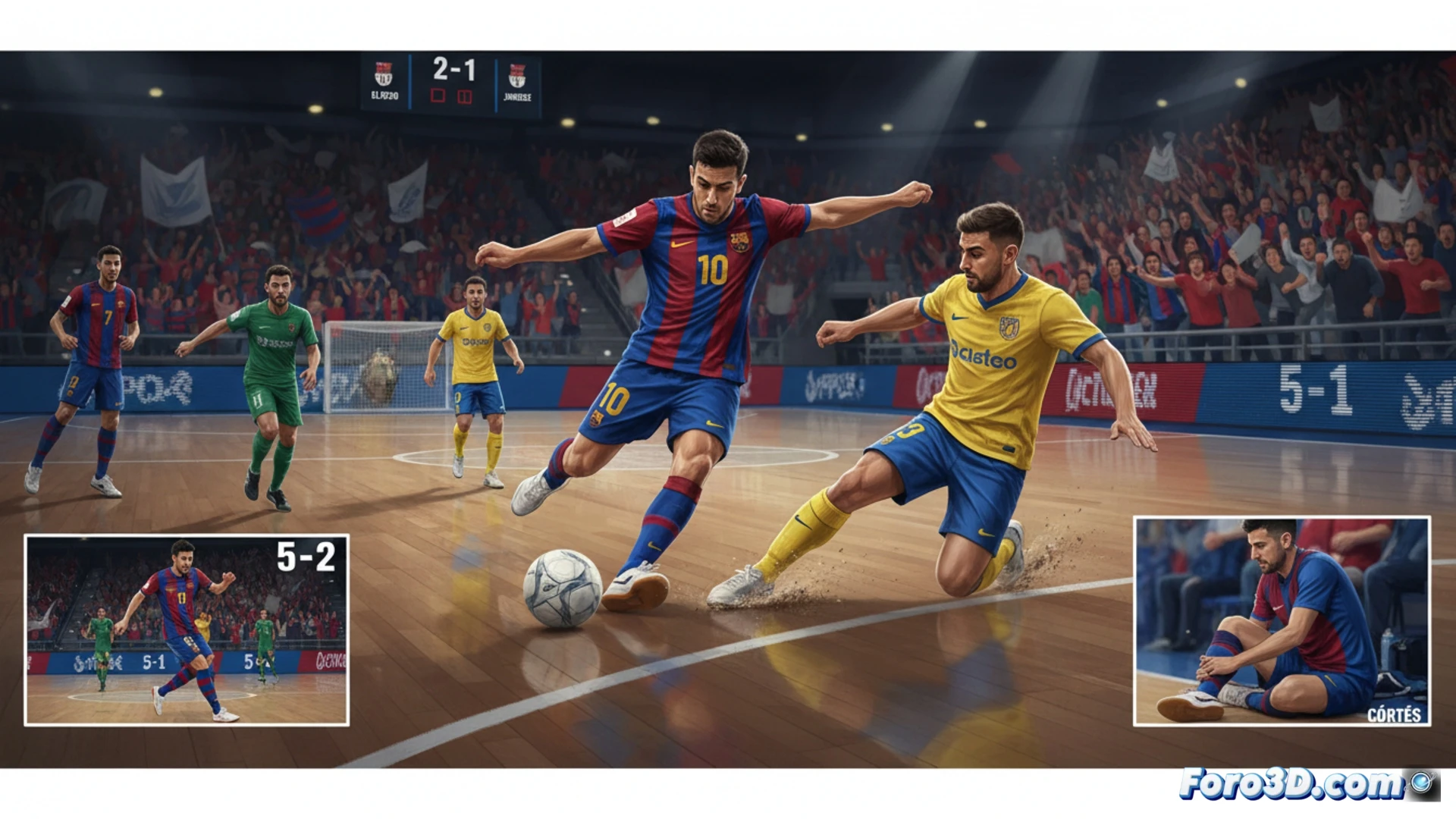 Dos jugadores de futsal disputan un balón, con el marcador de fondo reflejando el 2-1 del derbi. La imagen transmite intensidad y la tensión de la lucha por el liderato.