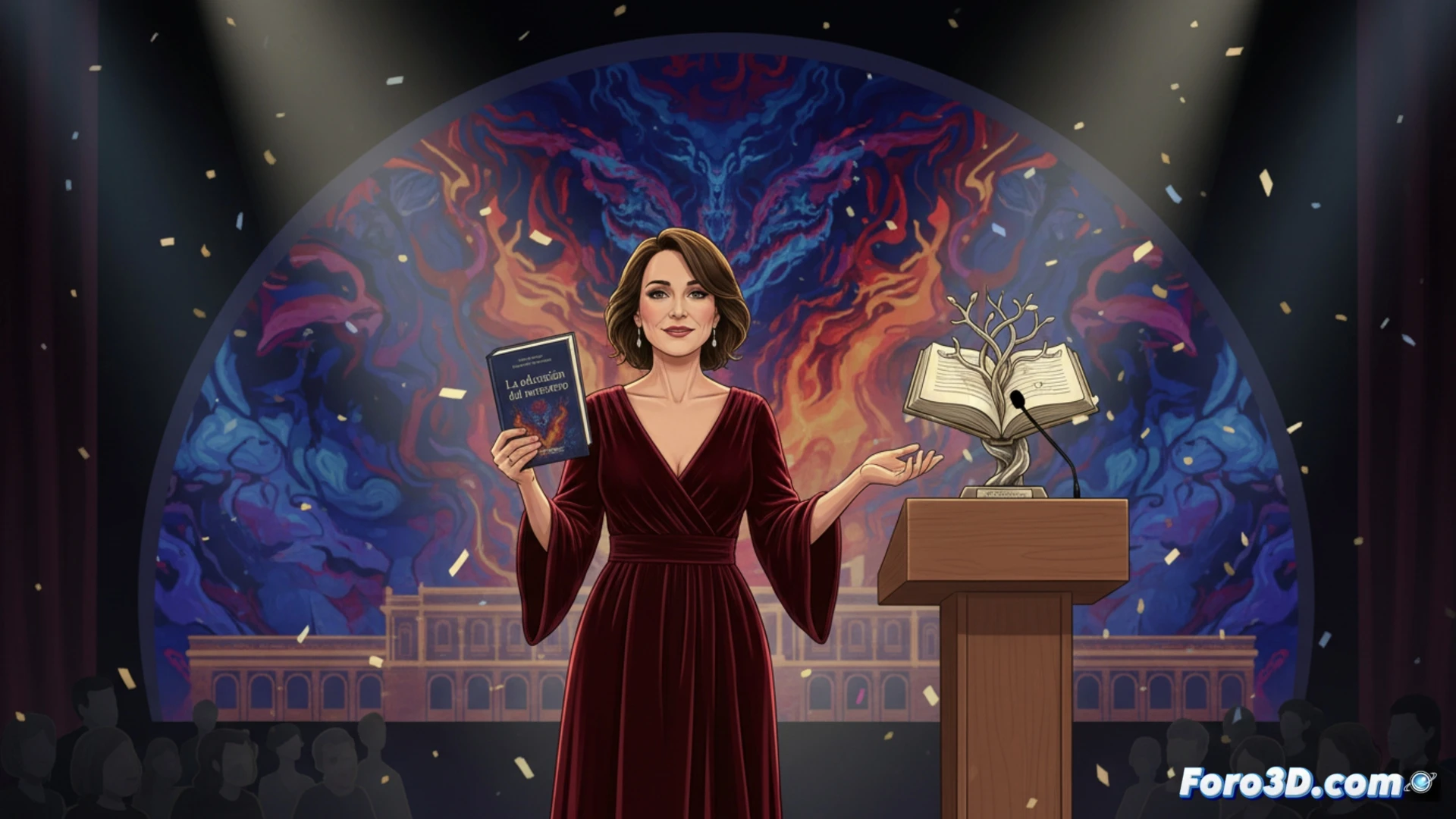 Actriz Elvira Mínguez, ganadora del Premio Primavera de Novela, posa con su libro 'La educación del monstruo'.