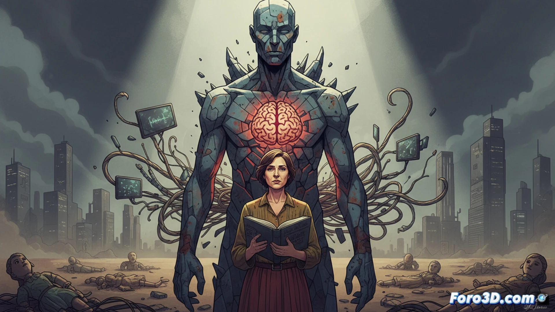 Una mujer reflexiona ante un espejo, su rostro se fragmenta en píxeles y sombras.