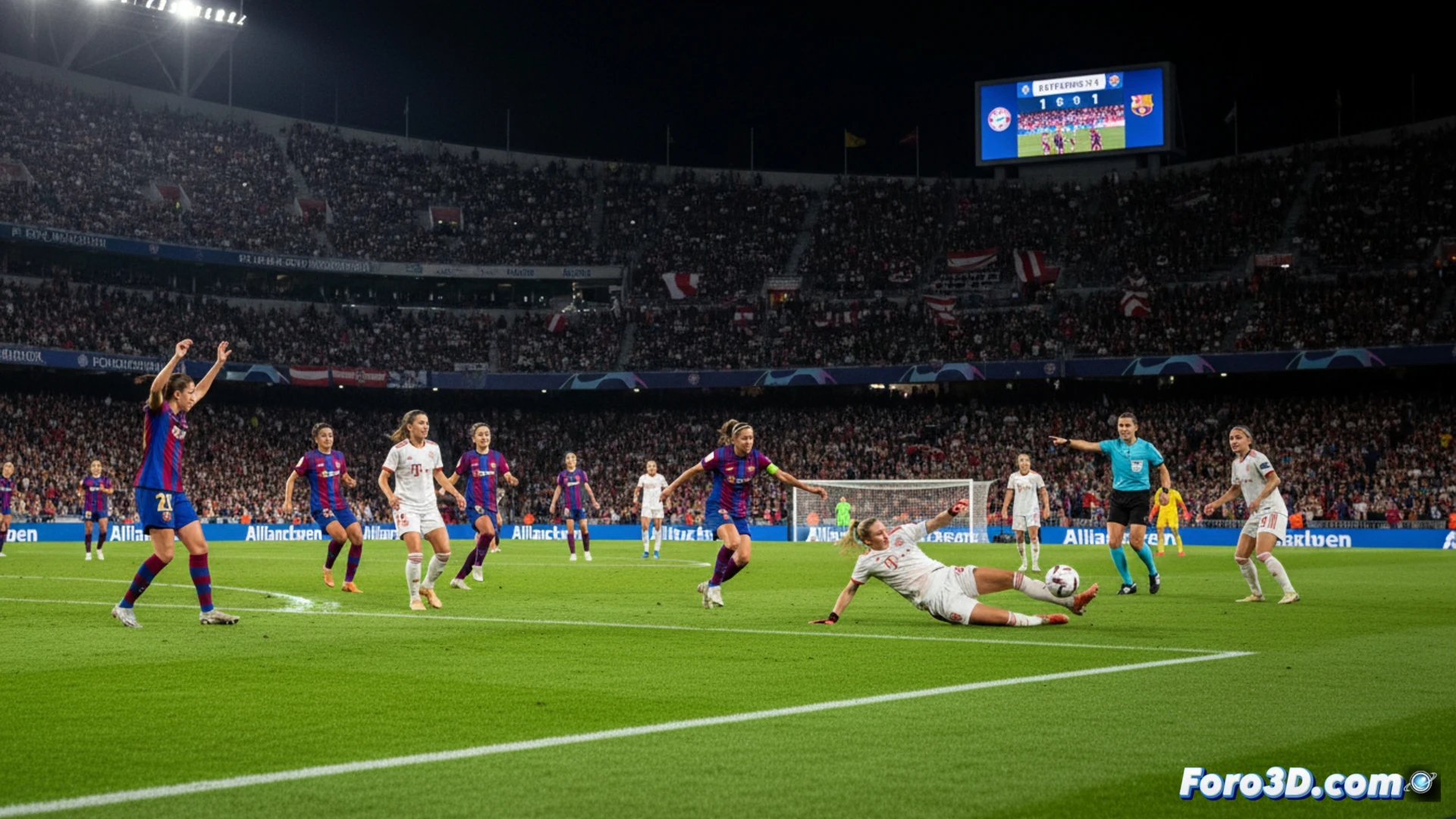 Una jugadora del Barça Femenino celebra su gol, pero el rostro refleja tensión y frustración ante el empate del Bayern en Múnich.