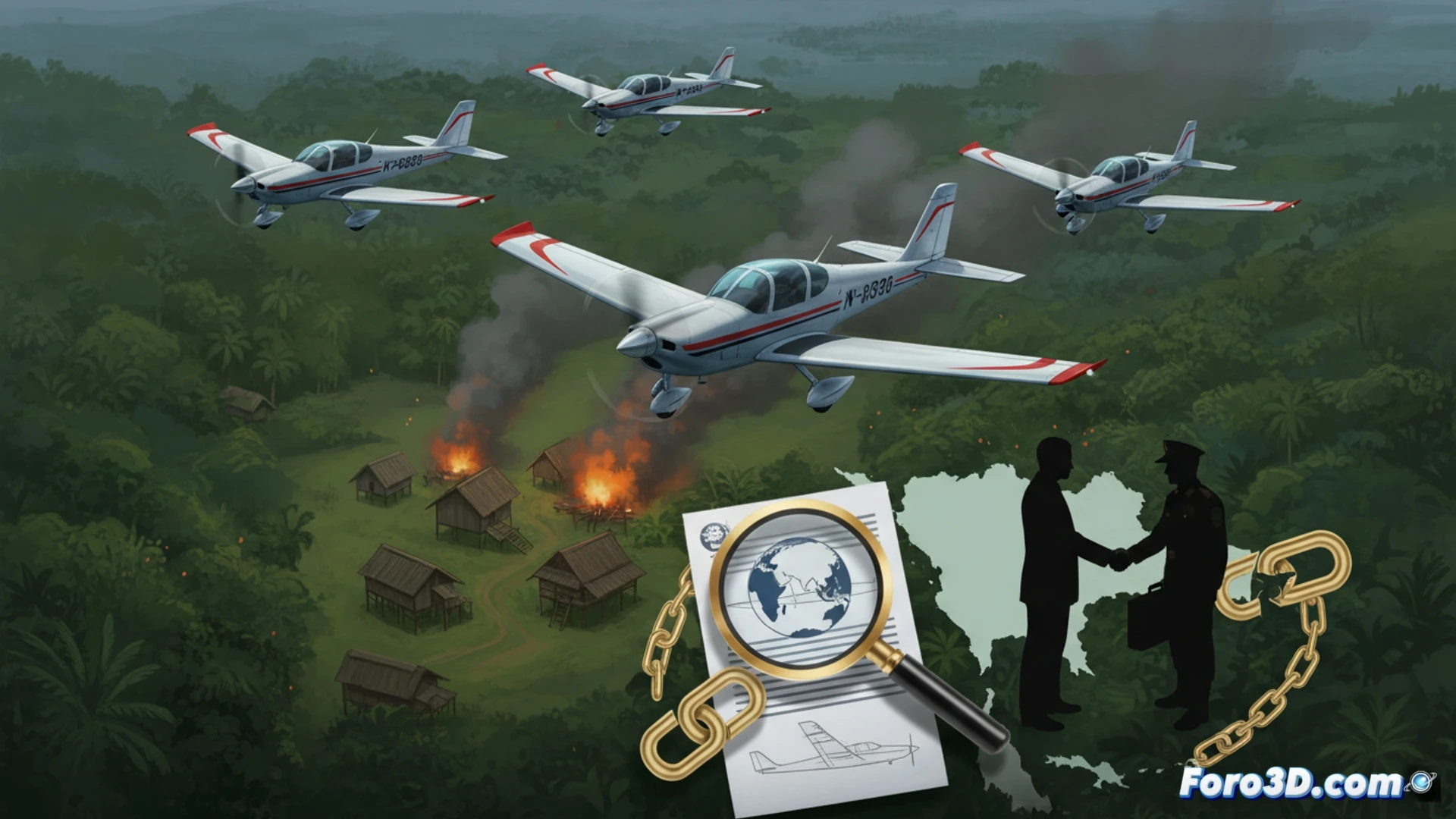 Avión monomotor sobrevolando selva, con logotipo checo y matrícula tailandesa, aterrizando en pista militar de Myanmar.