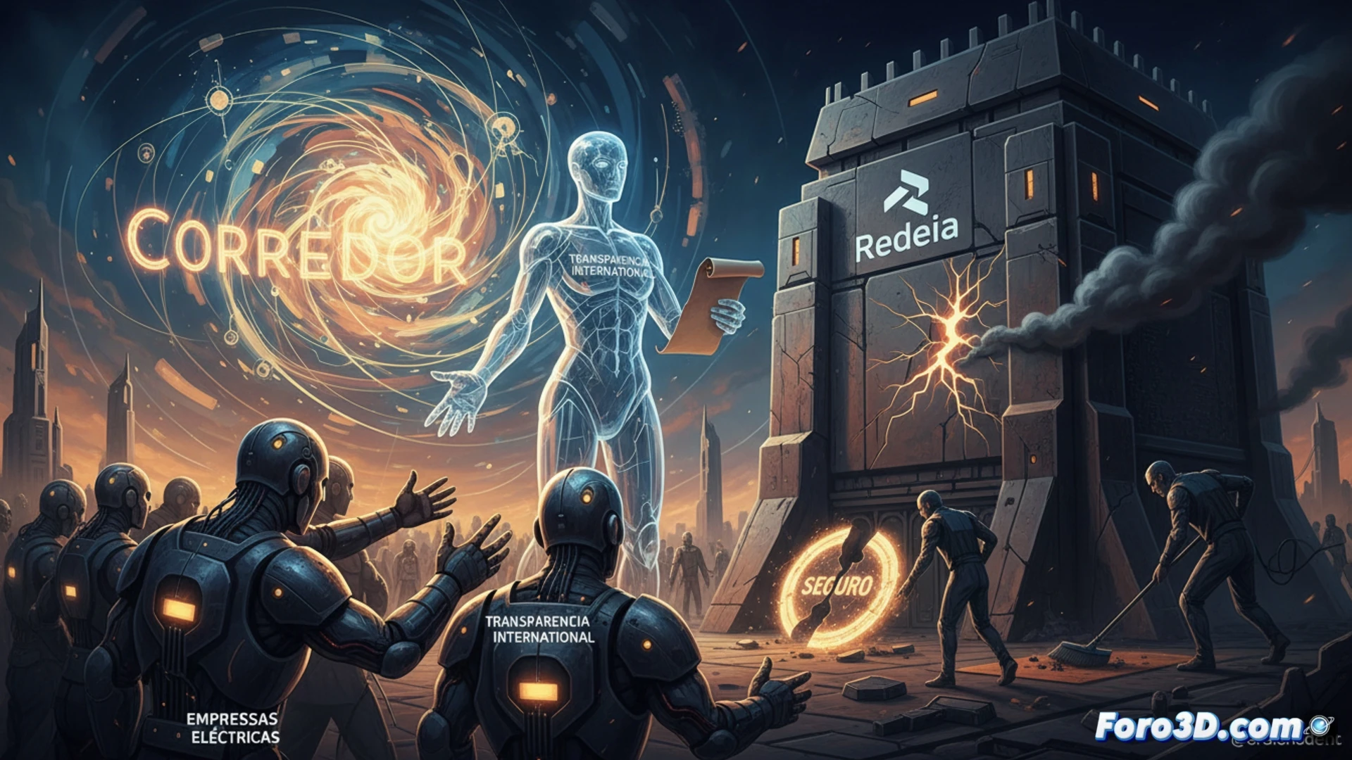 Un grupo de ejecutivos eléctricos revisa un documento oficial sobre un seguro de apagón, con el logotipo de Redeia y la palabra 'Corredor' en segundo plano.