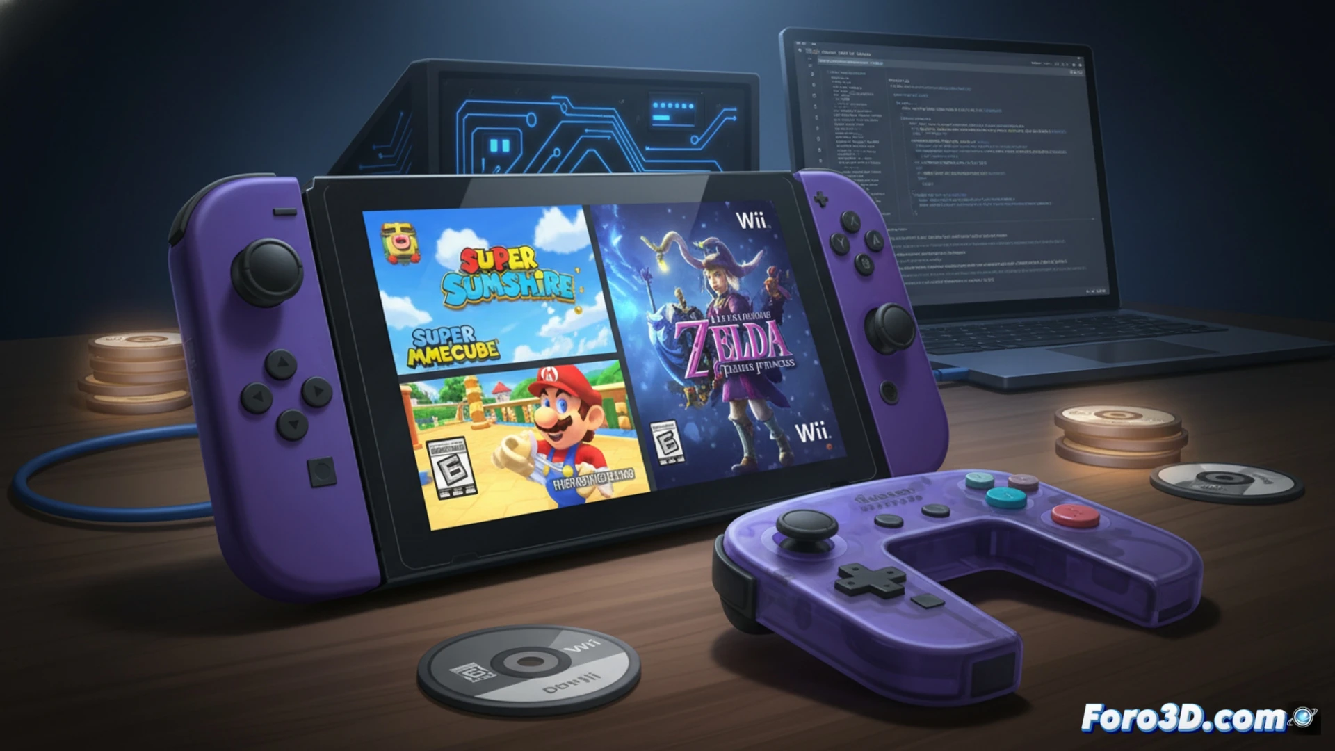 Una Nintendo Switch con menú mostrando juegos de GameCube y Wii, ejecutados mediante custom firmware.