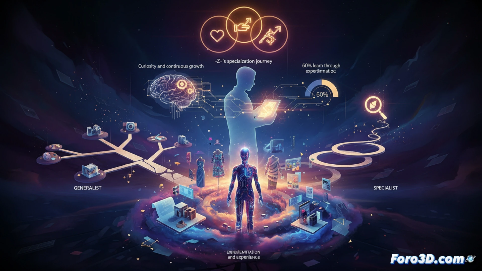 Un diseñador explora diversos proyectos en su estudio, simbolizando el viaje gradual hacia su especialización.