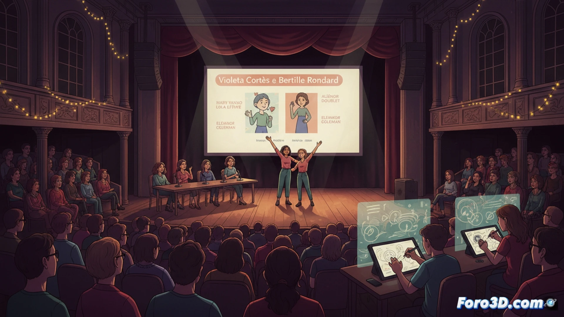 Una ilustración vibrante de mujeres artistas creando animación en un estudio parisino lleno de luz y color.