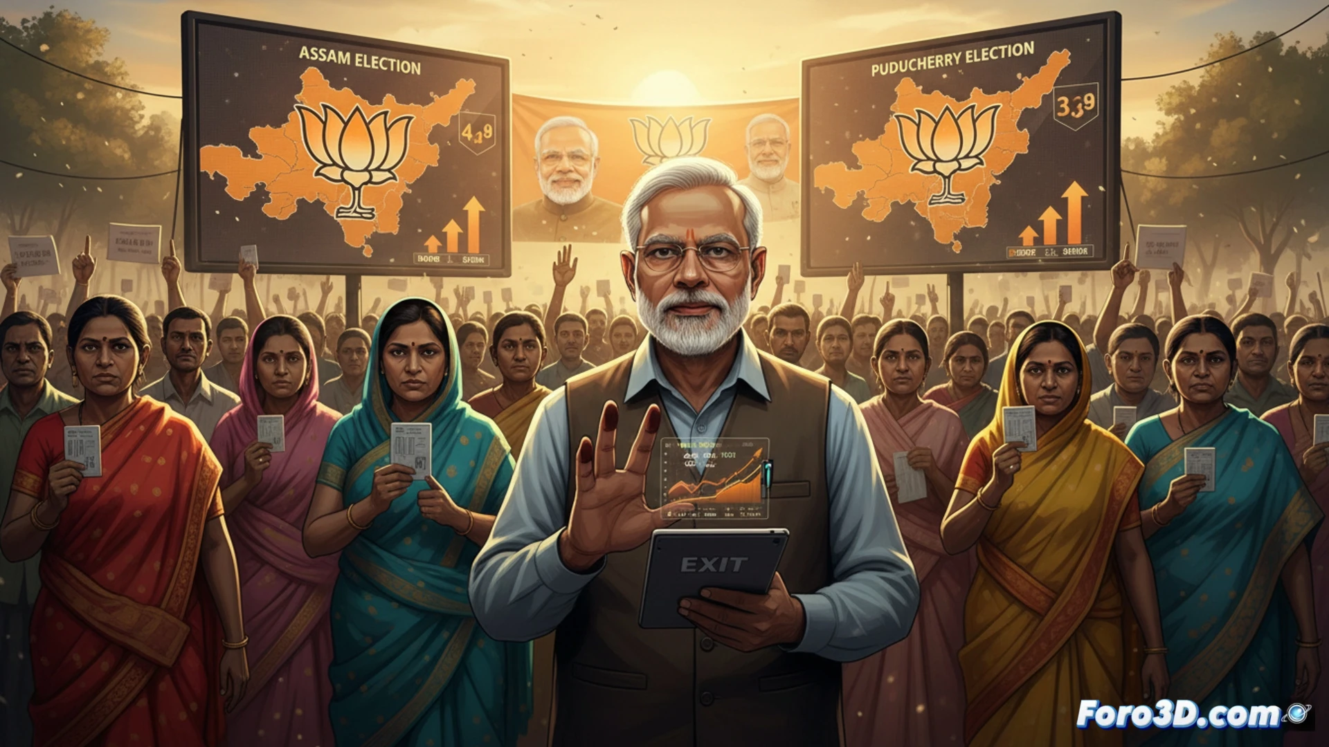 Mapa de India con banderas del BJP en Assam y Puducherry, sonrisas de votantes y urnas, simbolizando retención del poder regional.