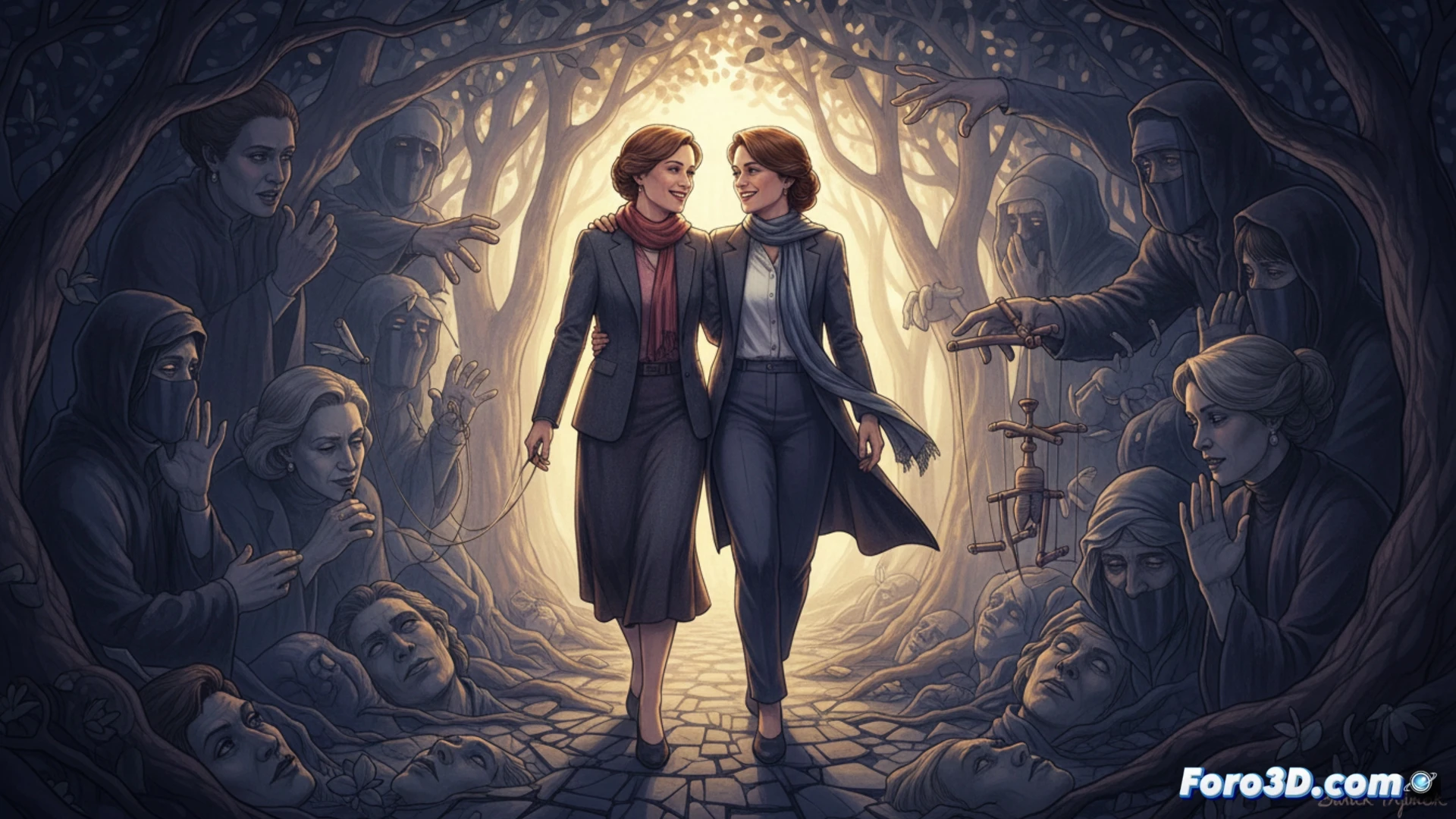 Dos amigos frente a frente, un puente roto entre ellos; uno ofrece apoyo, otro oculta una sombra de abuso.