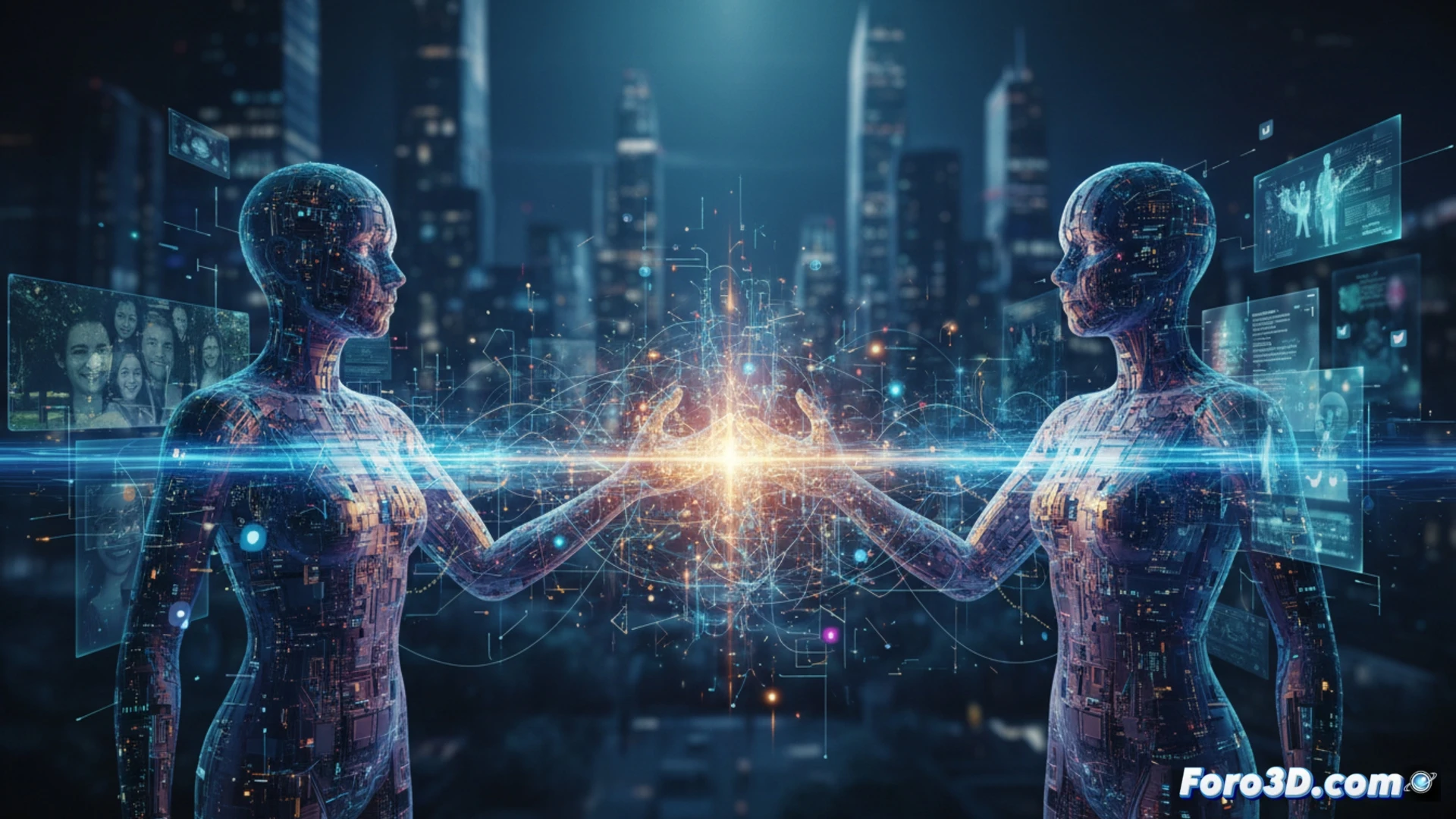 Una imagen que muestra dos manos humanas sosteniendo un smartphone, de cuyos cables brotan hilos digitales luminosos que se entrelazan formando una red de rostros borrosos. Al fondo, un paisaje urbano difuminado sugiere conexiones globales. Colores fríos predominan, contrastados con toques cálidos en los vínculos.