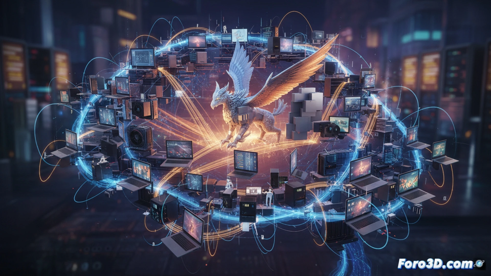 Un nodo central conecta a múltiples ordenadores y GPUs formando una red descentralizada para entrenar IA.