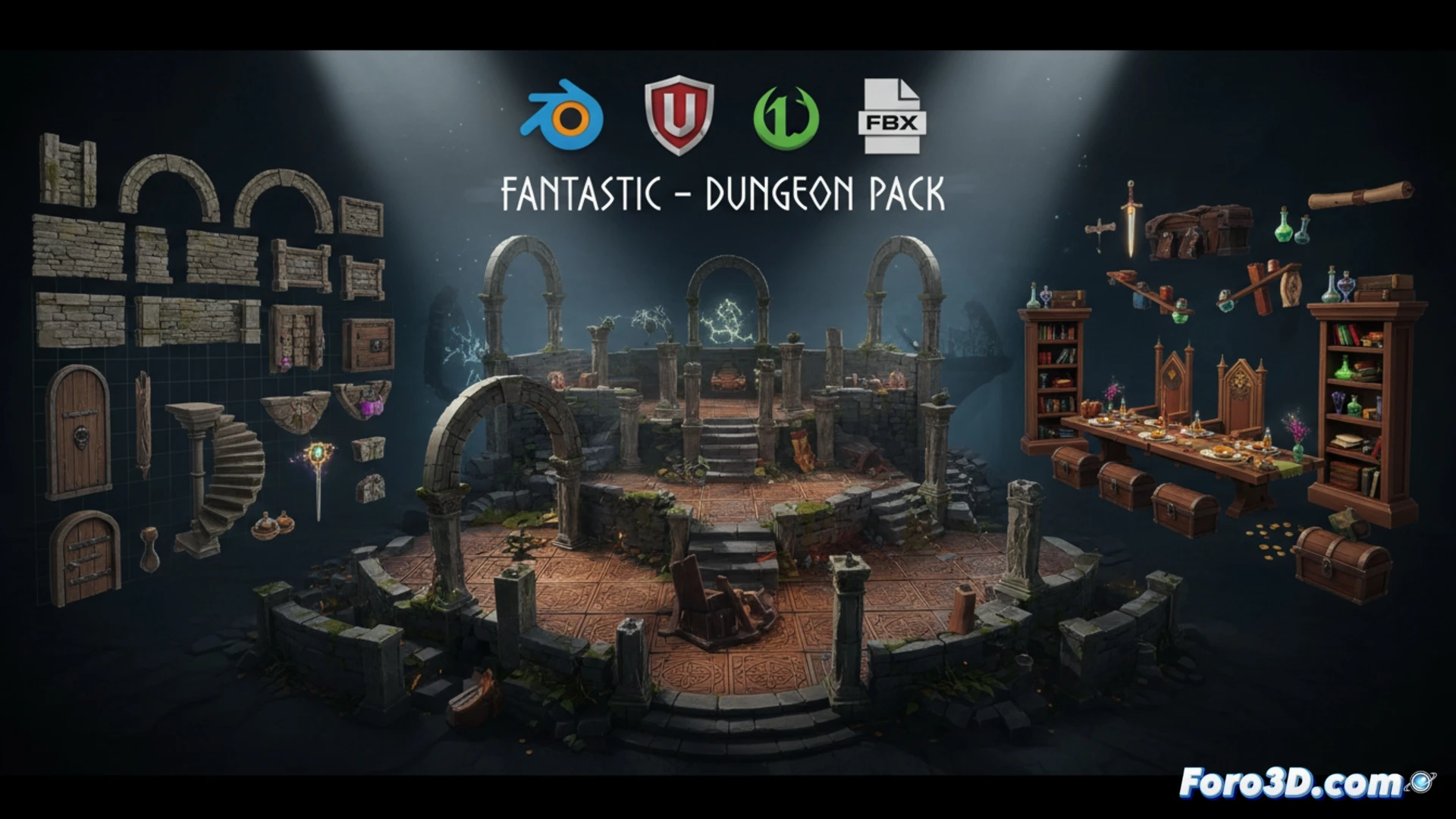 Una imagen promocional del paquete gratuito Fantastic - Dungeon Pack de Epic Games, mostrando un pasillo de mazmorra estilizada con detalles fantásticos y tesoros.