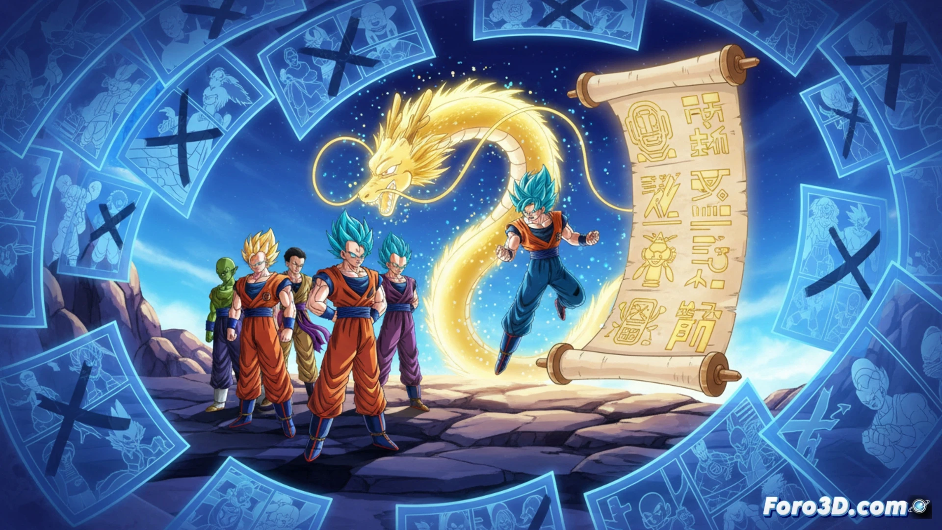 Una escena de Goku y Vegeta en un campo, con viñetas de episodios de relleno desvaneciéndose al fondo.