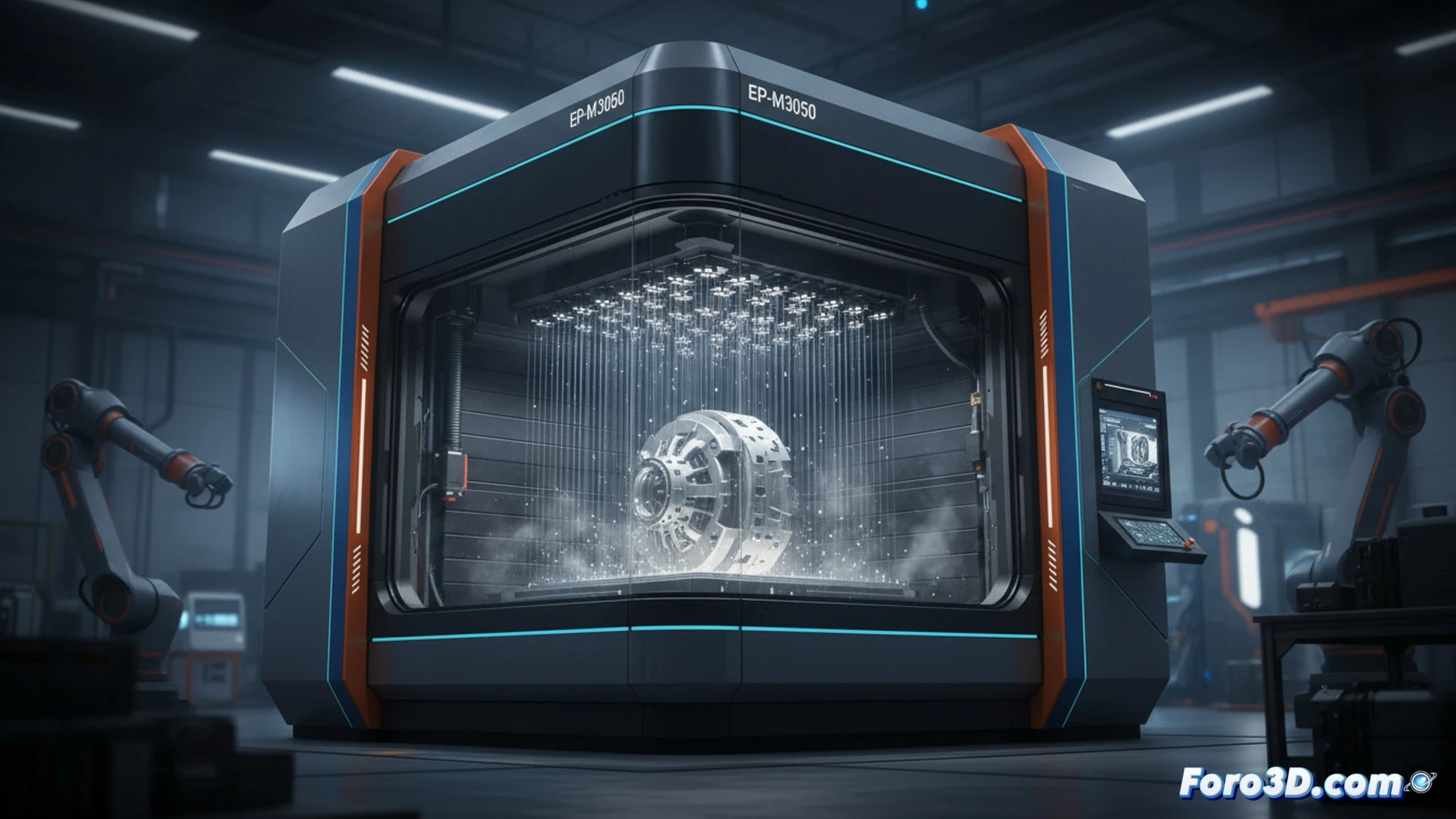 Imponente máquina industrial Eplus3D EP-M3050 imprime un enorme componente metálico de más de tres metros, con múltiples láseres operando en su interior.