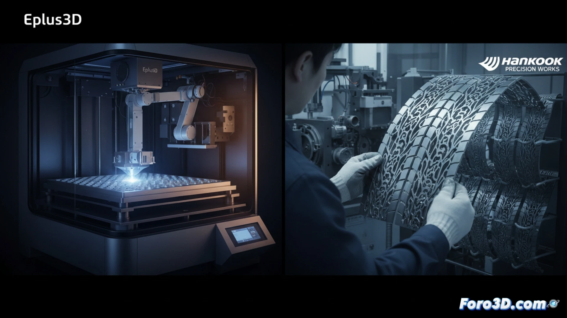 Impresora 3D metálica Eplus3D fabricando una lámina de molde para neumático Hankook, con detalle de precisión sub-milimétrica y acabado superficial.