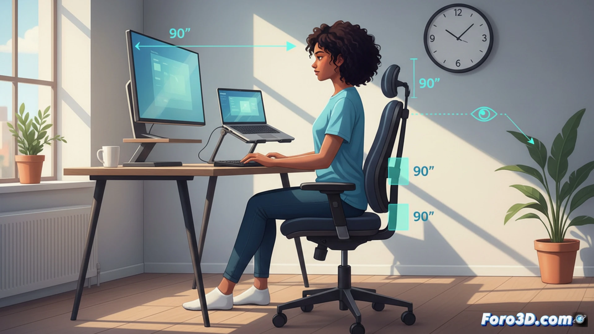 Un artista 3D trabajando en un escritorio ergonómico, con monitor a la altura de los ojos, teclado y tablet en posición neutral.