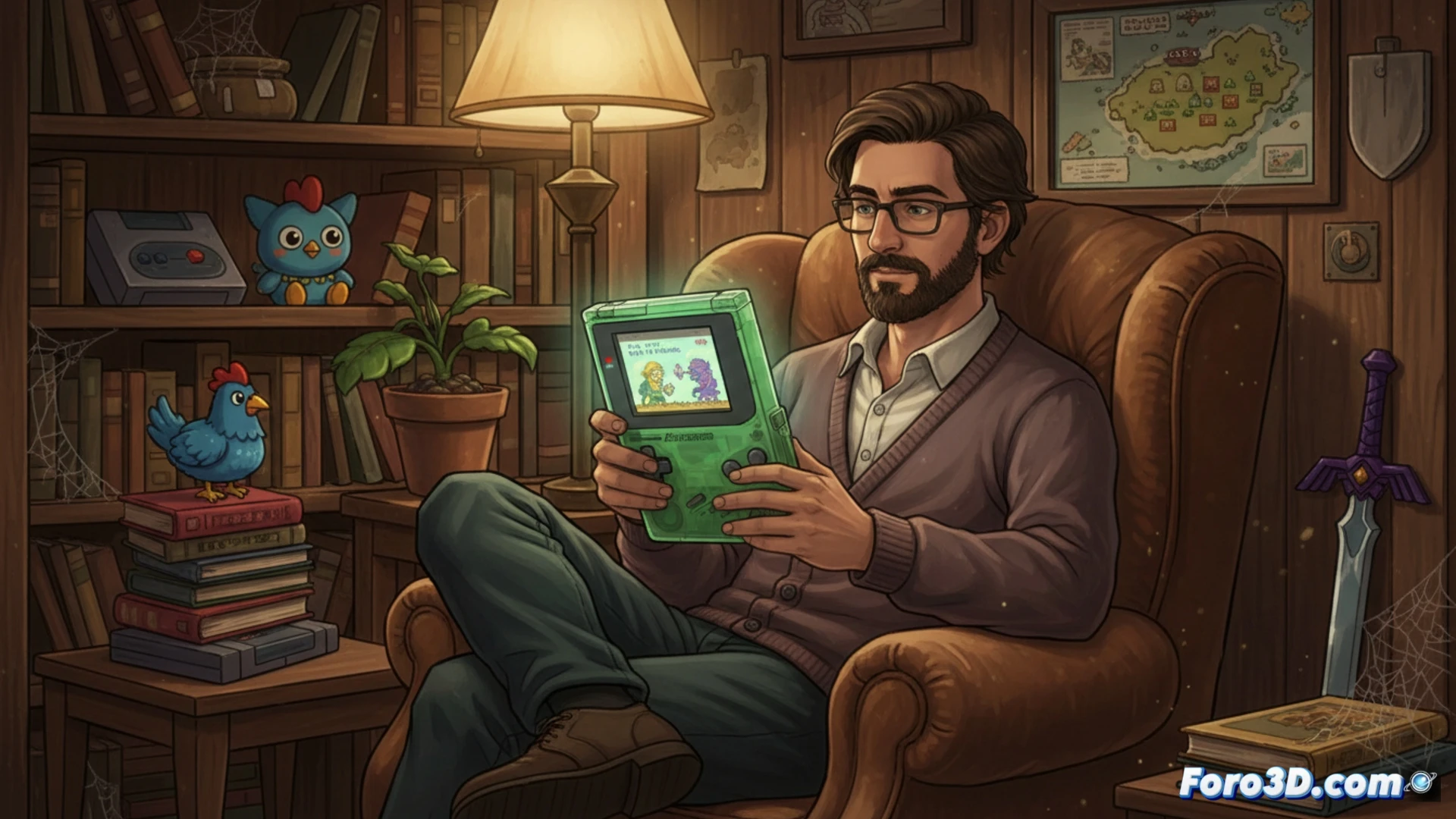 Eric Barone, creador de Stardew Valley, sostiene su Game Boy con Link's Awakening en pantalla, sonriendo.