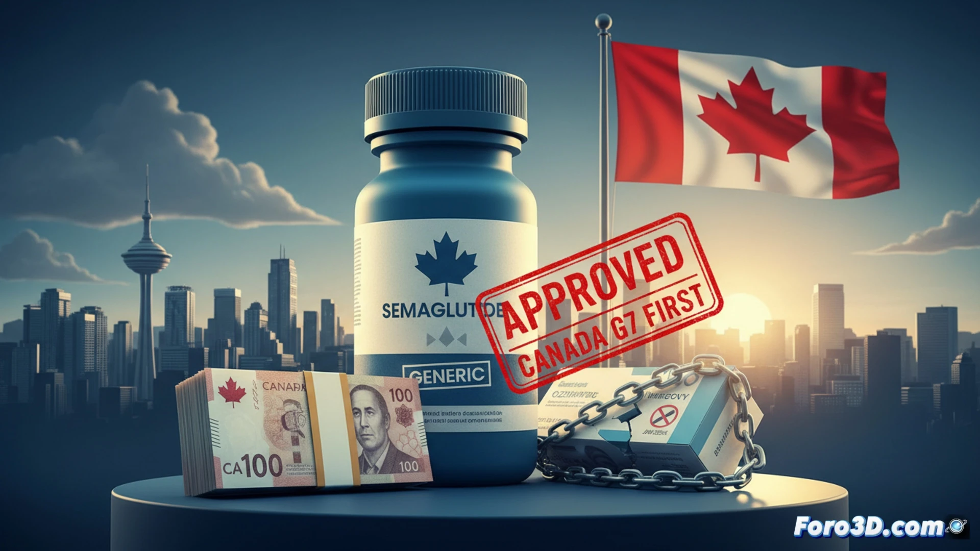 Un frasco de semaglutida genérica etiquetado como 'Canadá' yace junto a documentos legales con un sello rojo de 'ERROR ADMINISTRATIVO'.