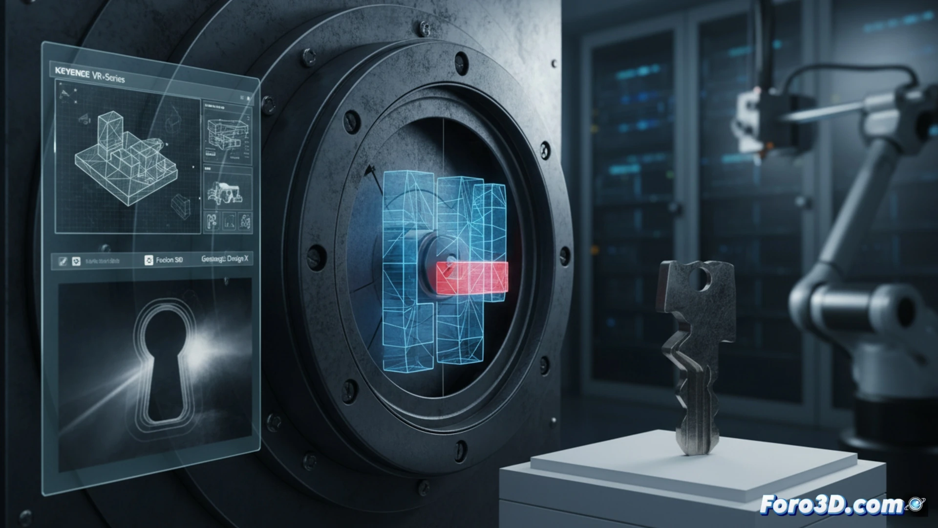 Primer plano de una llave metálica impresa en 3D insertada en una cerradura de cámara acorazada bajo luz forense azul