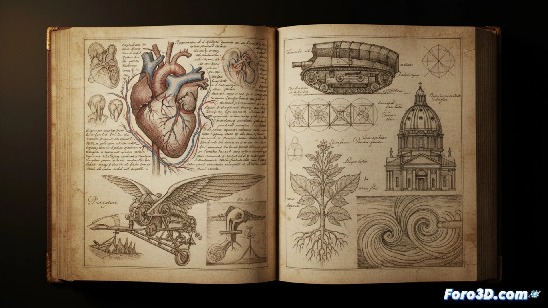 Codice digitalizado de Leonardo da Vinci mostrando dibujos anatomicos y notas, con interfaz de rotacion 3D en pantalla.