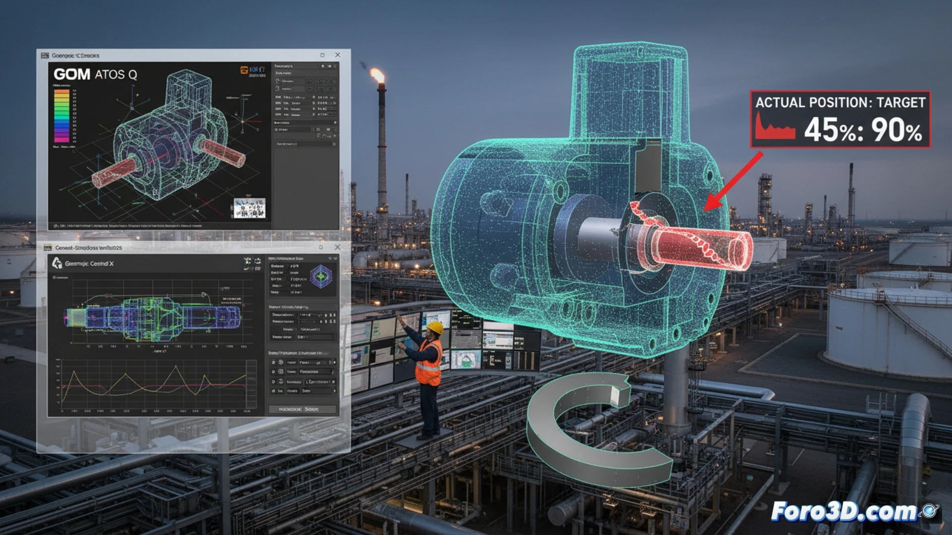 Escaneo 3D GOM ATOS Q revela sabotaje en actuador de válvula PLC de refinería durante análisis de fallos