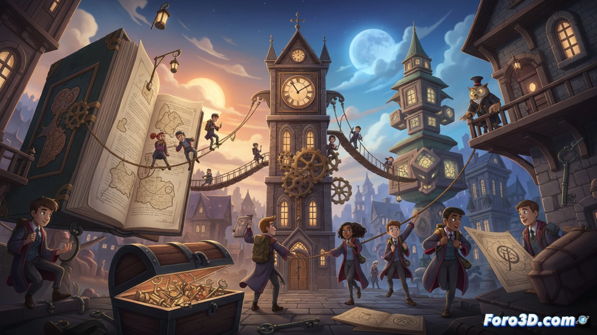 Un aula futurista con puzles flotantes, dos estudiantes cooperando frente a una pantalla de Xbox, con el logo de Game Pass y el título Escape Academy 2: Back 2 School en 2026.