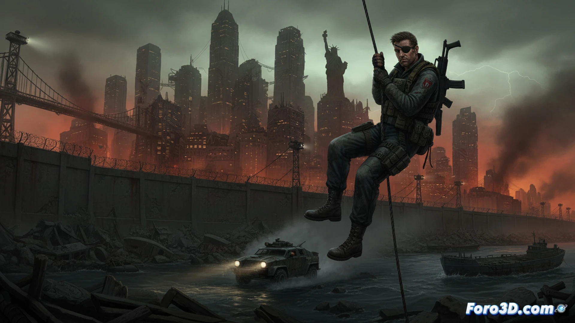 Un Manhattan devastado, con la Estatua de la Libertad oxidada al fondo. Snake Plissken, con parche y mirada desafiante, camina entre escombros bajo un cielo rojizo.