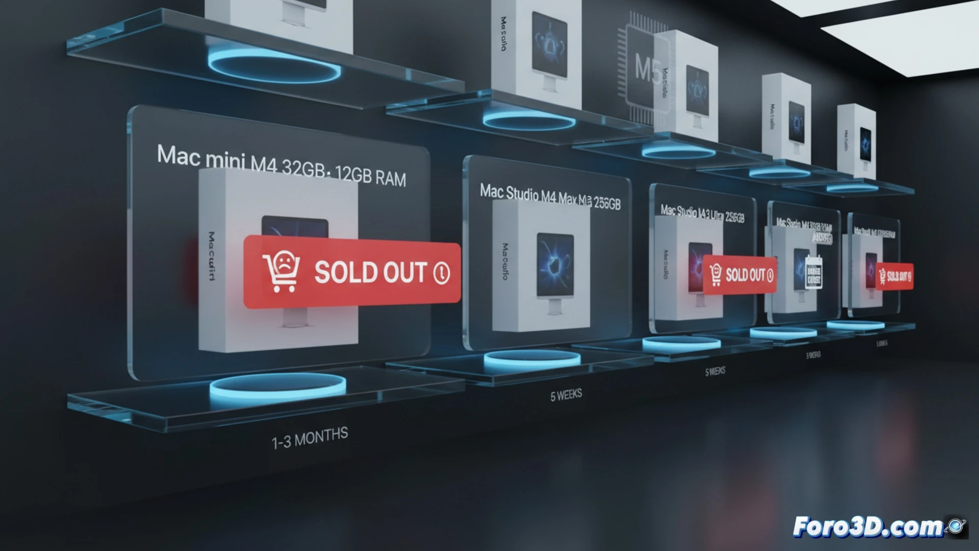 Una Mac mini y una Mac Studio en una estantería vacía, con etiquetas de 'no disponible' sobre los modelos de alta gama.